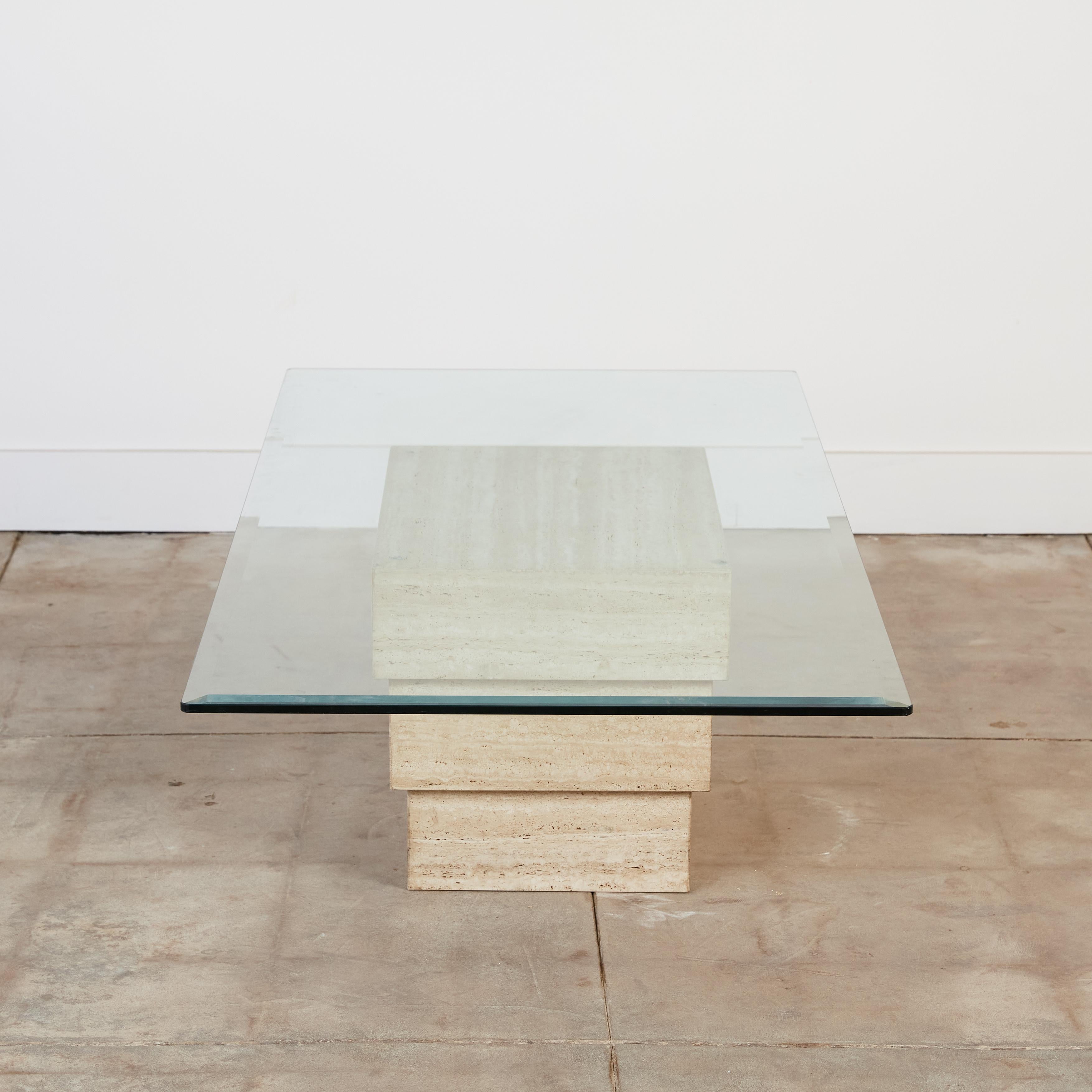 20th Century Travertine Coffee Table with Glass Top