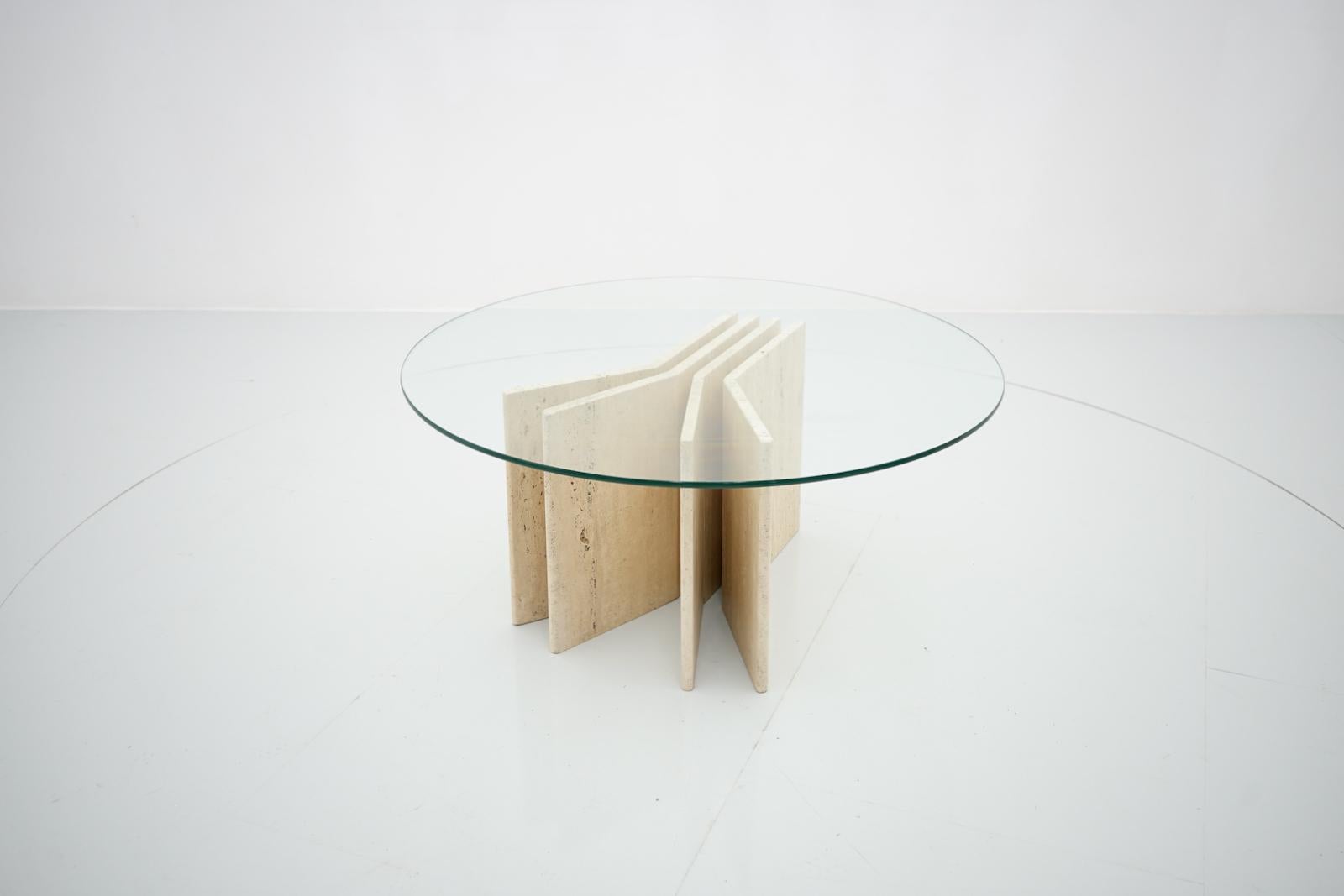 Italian Travertine Coffee Table with Glass Top, Italy, 1970s For Sale