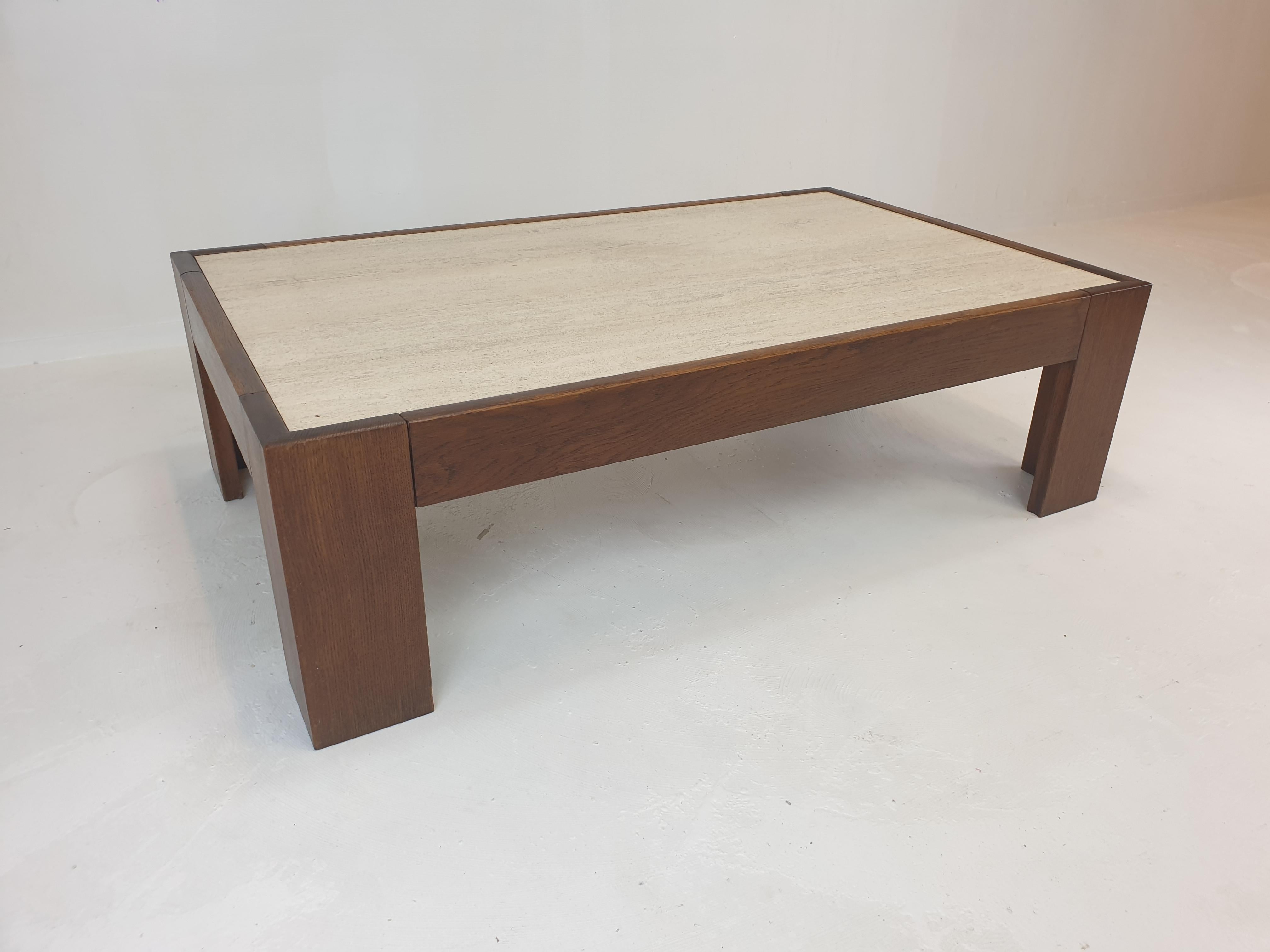Travertine Coffee Table With Oak Base, 1970s For Sale 3
