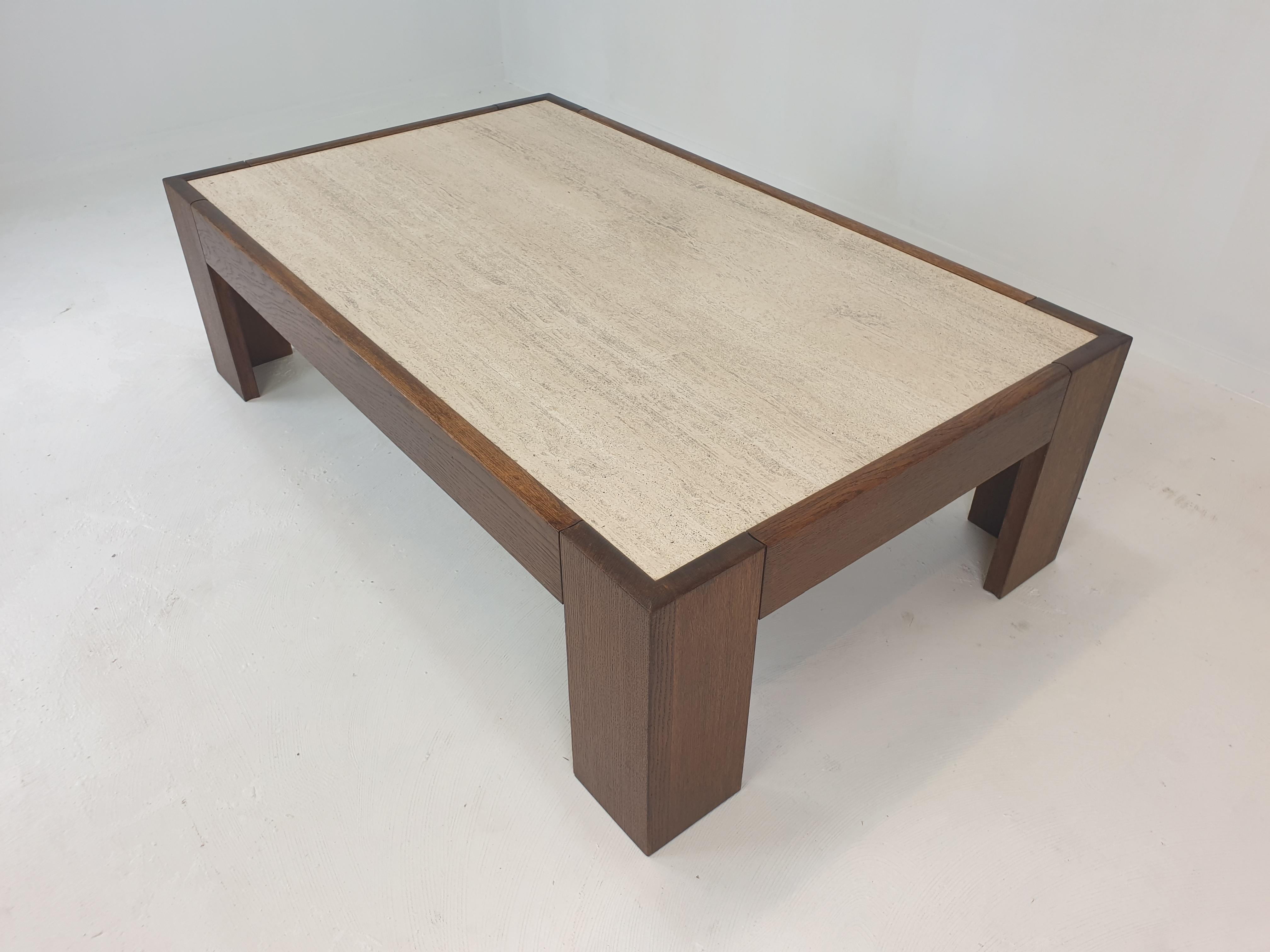 Travertine Coffee Table With Oak Base, 1970s For Sale 4