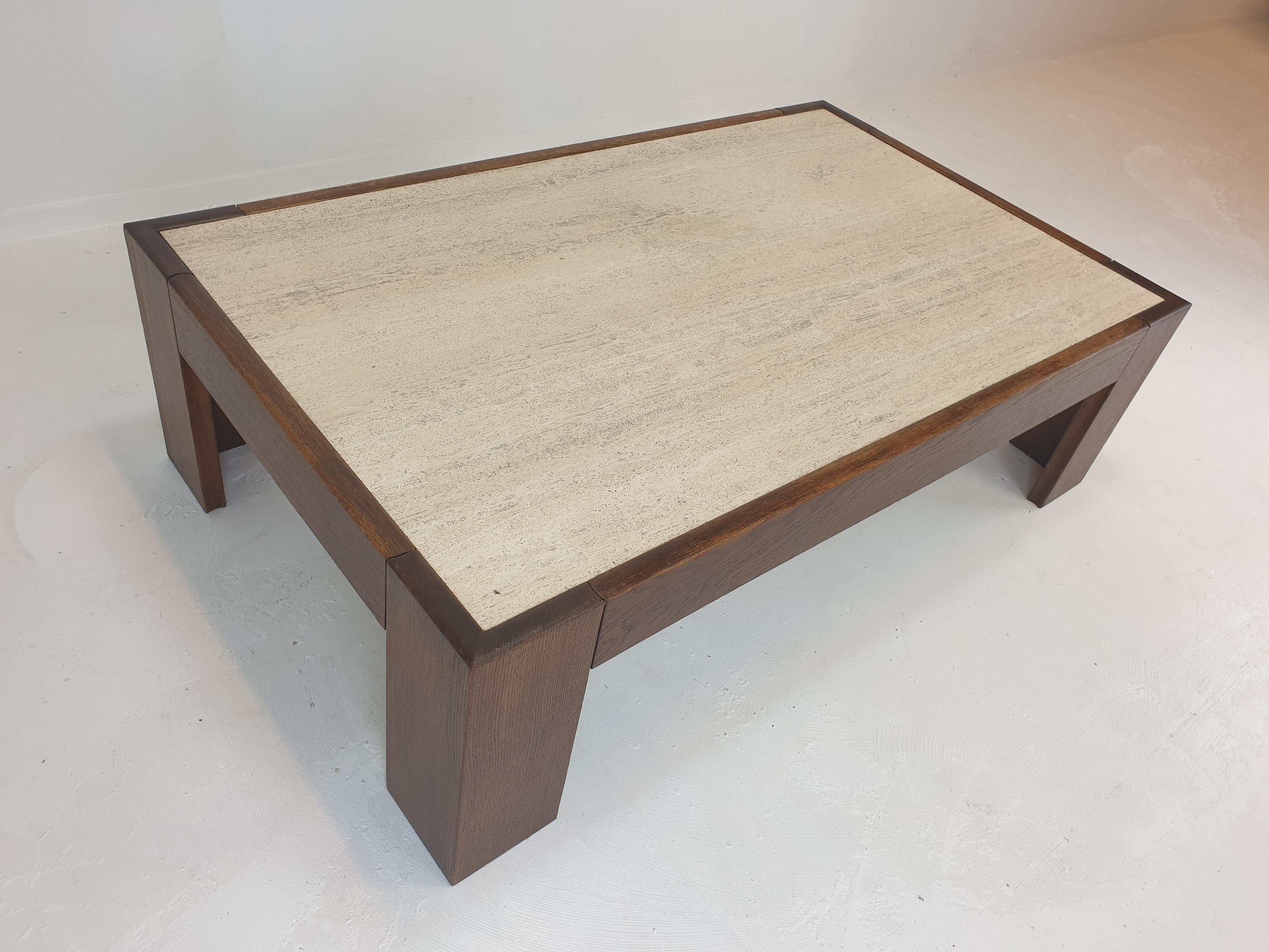 Travertine Coffee Table With Oak Base, 1970s 5