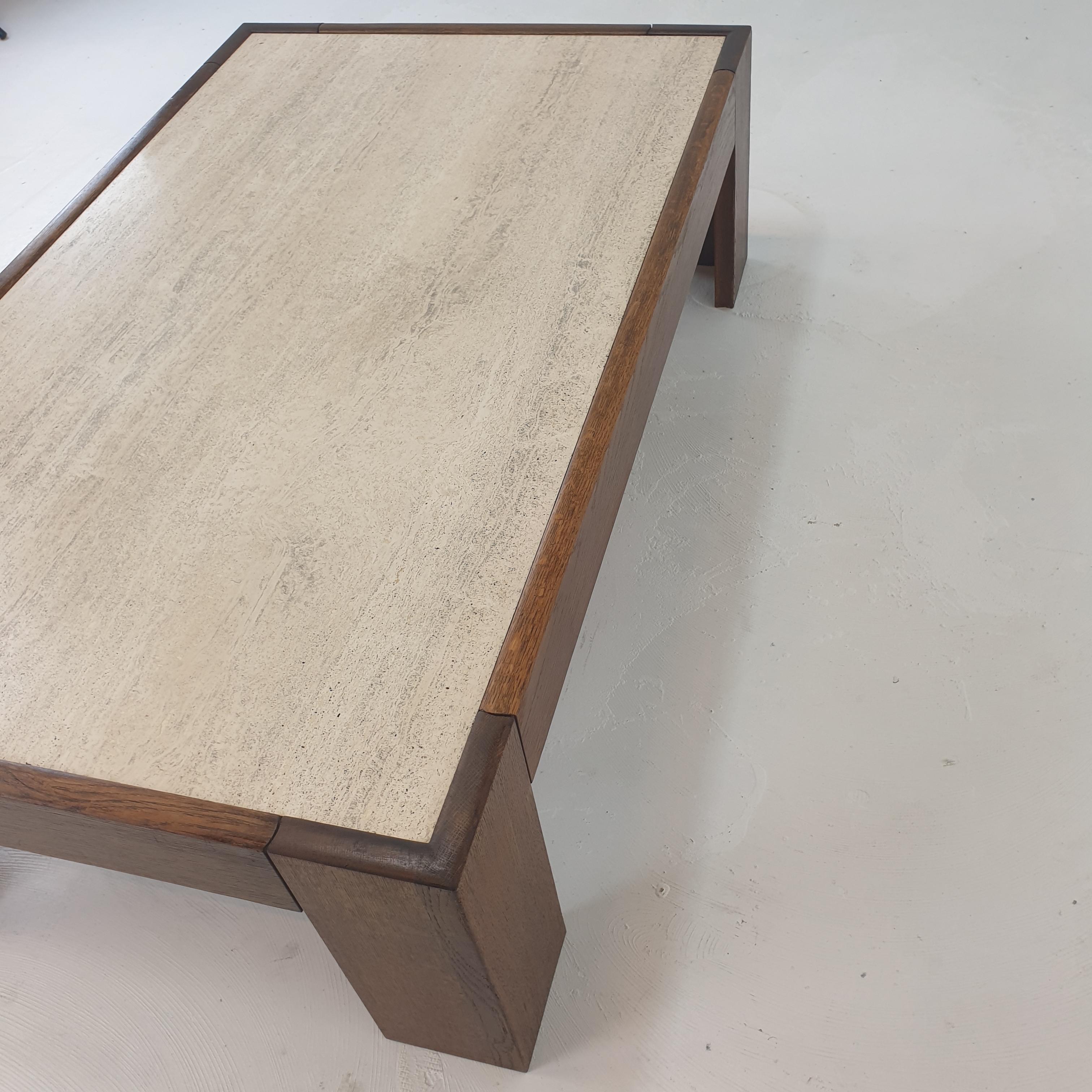 Travertine Coffee Table With Oak Base, 1970s 9
