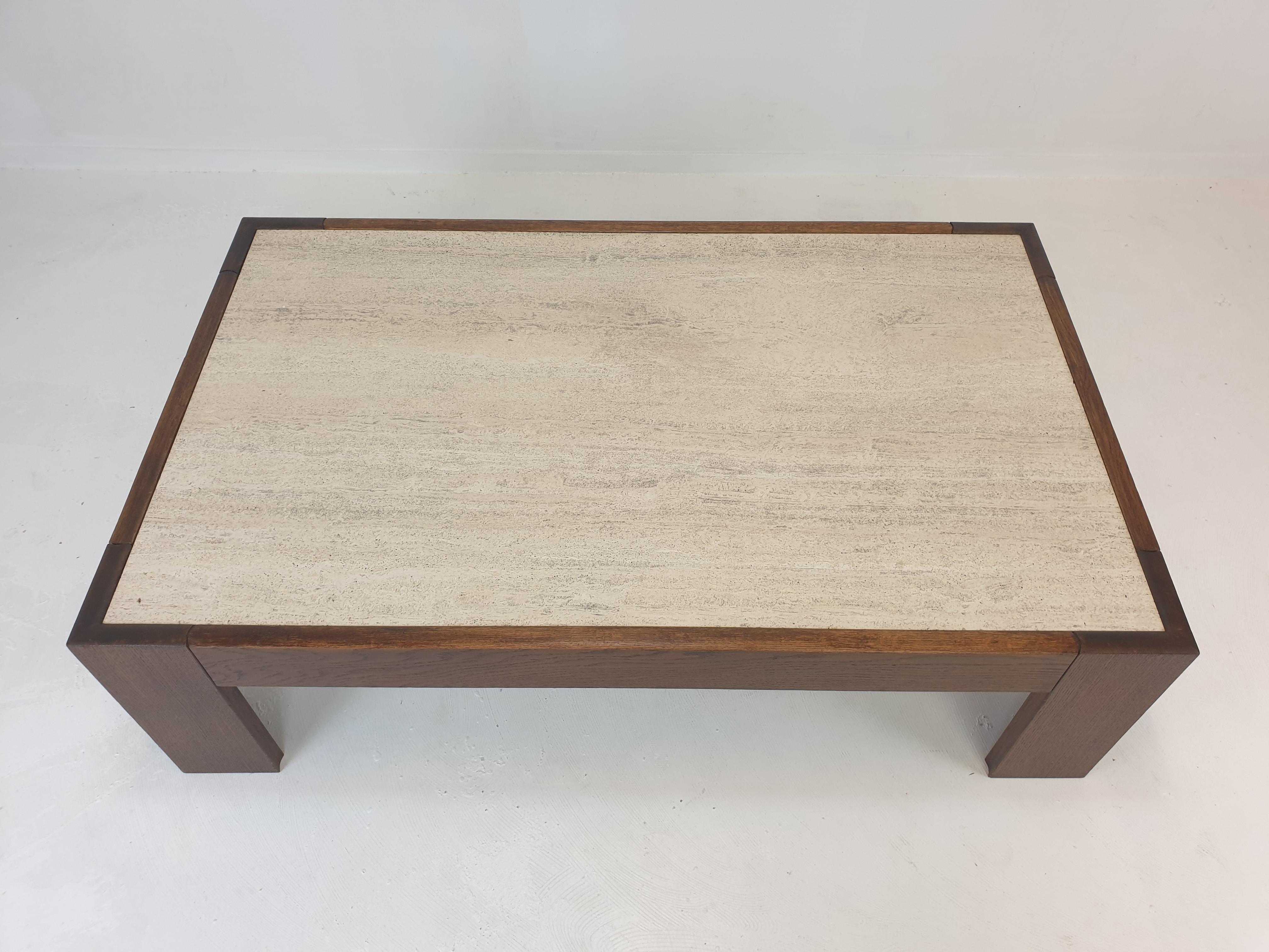 Hand-Crafted Travertine Coffee Table With Oak Base, 1970s For Sale