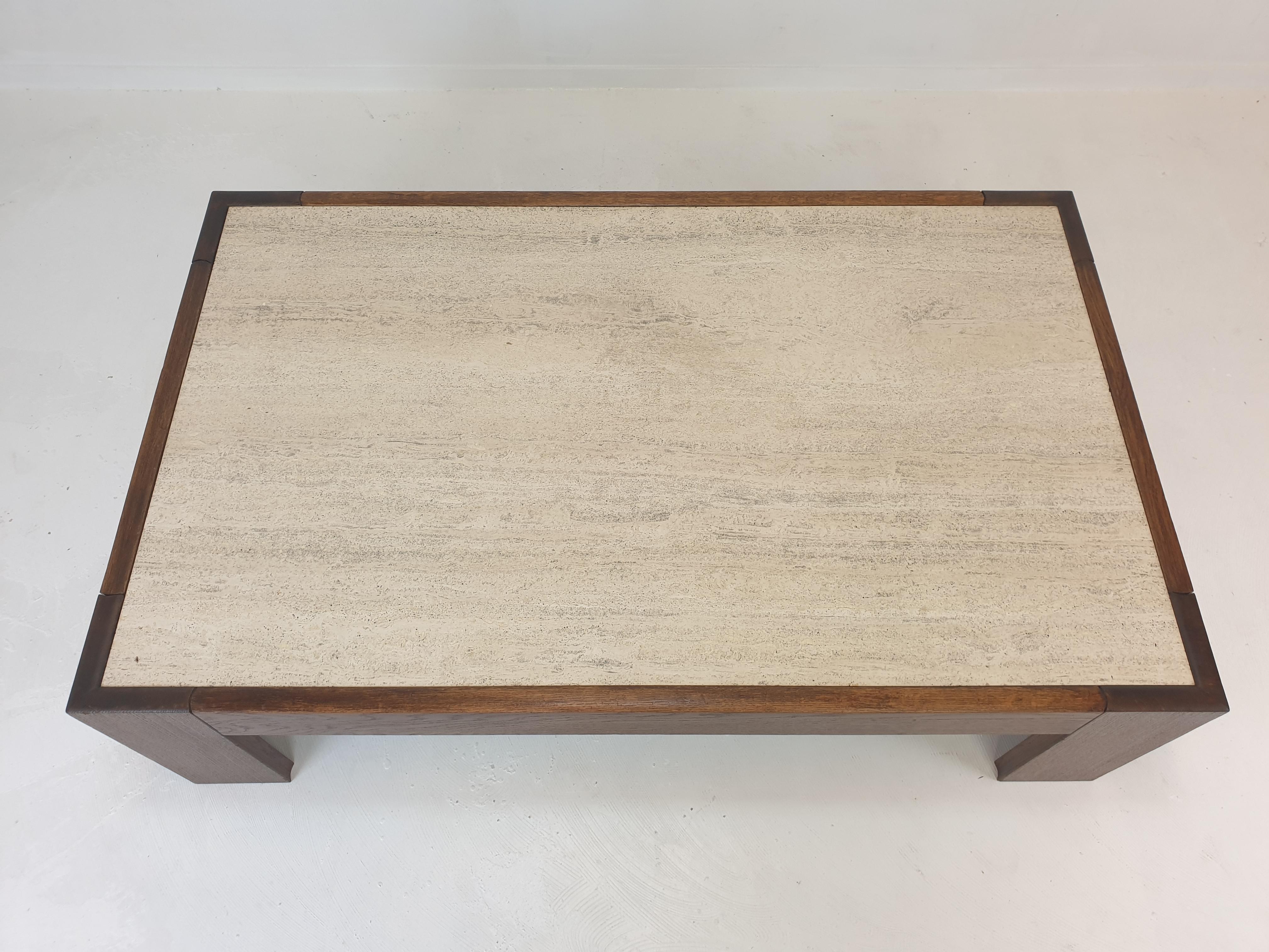 Travertine Coffee Table With Oak Base, 1970s In Good Condition For Sale In Oud Beijerland, NL