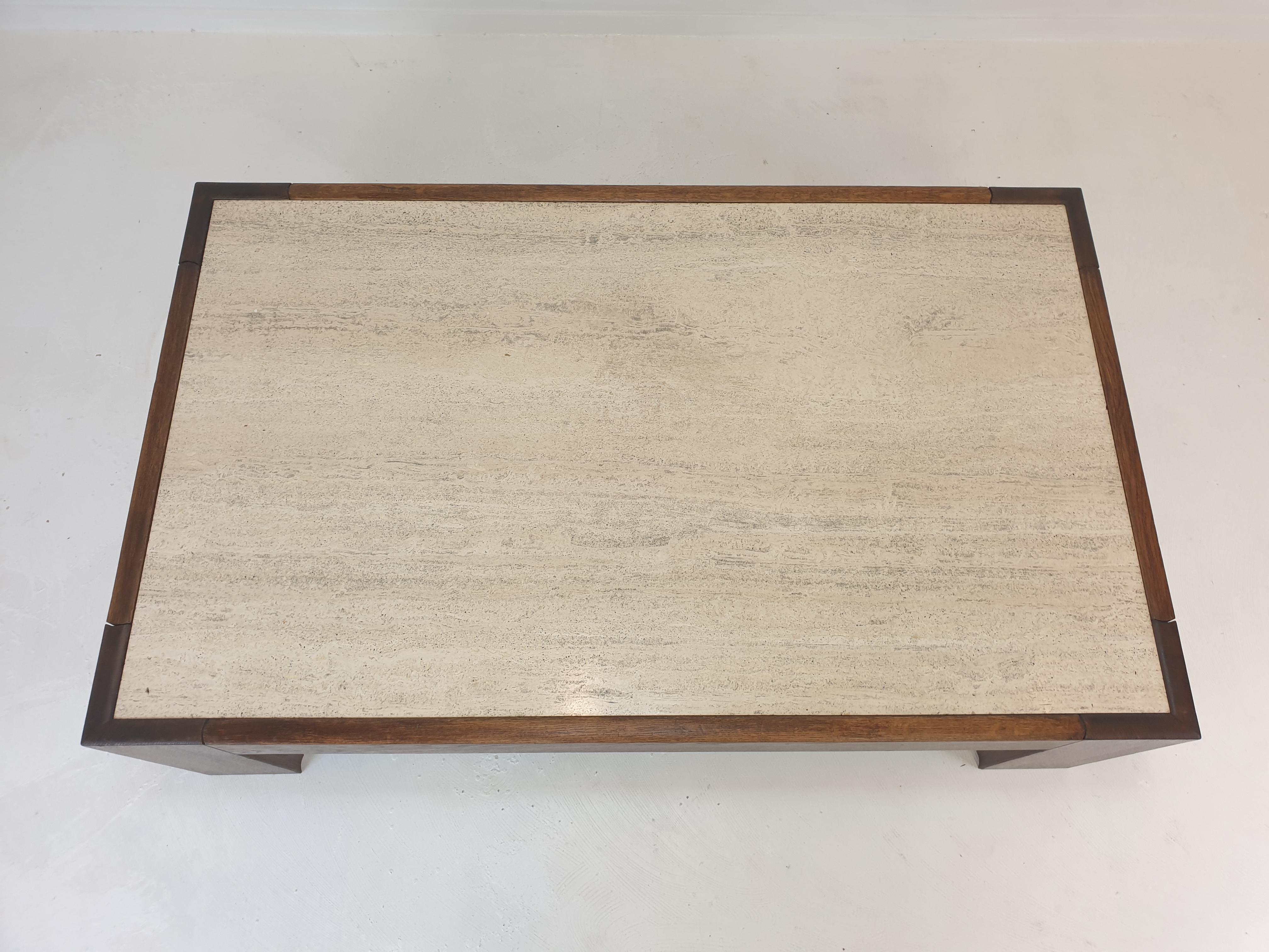 Late 20th Century Travertine Coffee Table With Oak Base, 1970s For Sale
