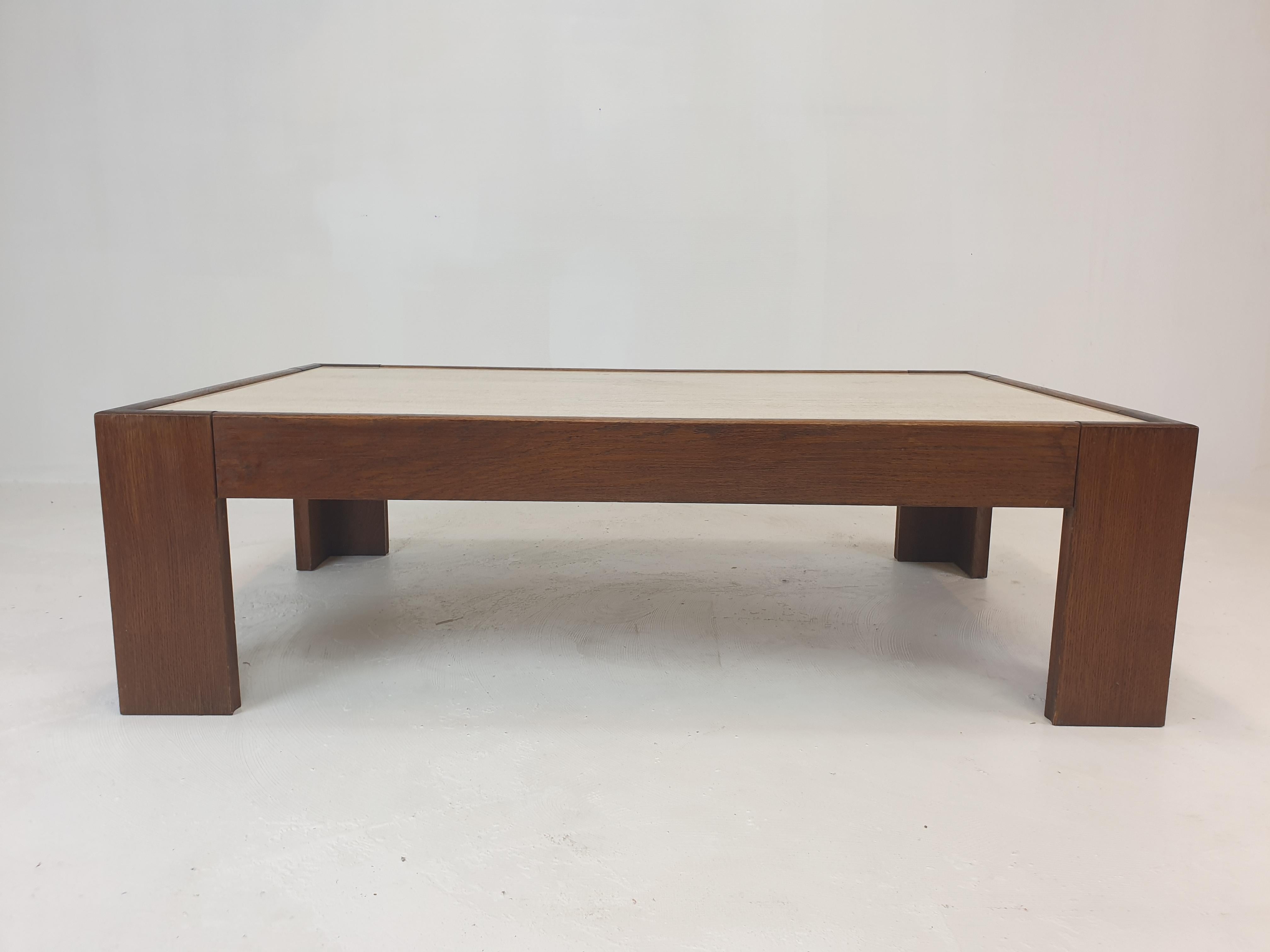 Travertine Coffee Table With Oak Base, 1970s For Sale 1