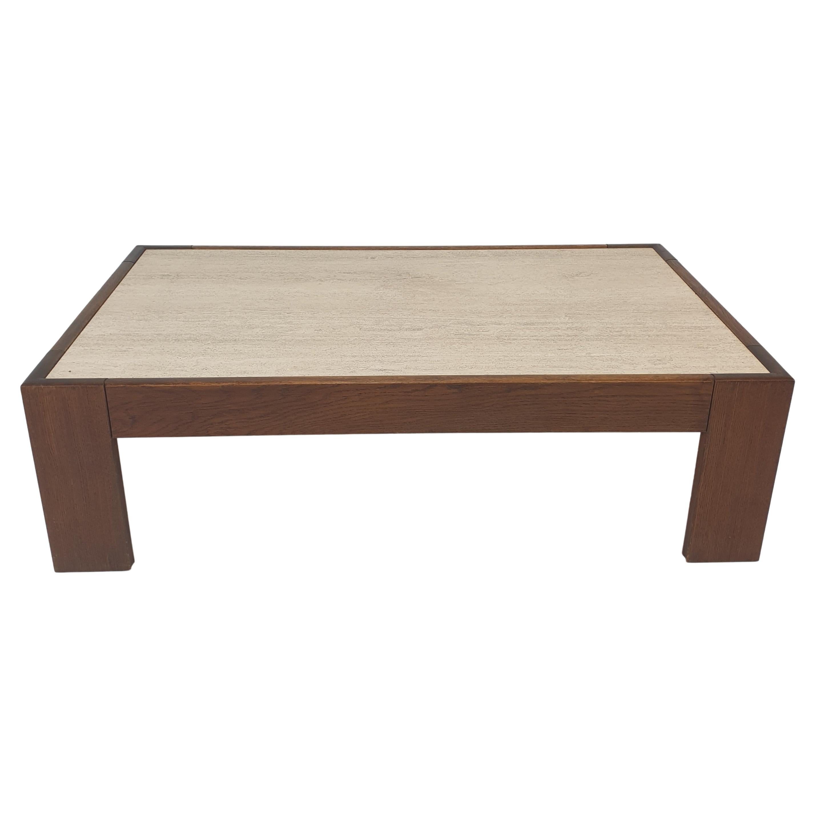 Travertine Coffee Table With Oak Base, 1970s For Sale
