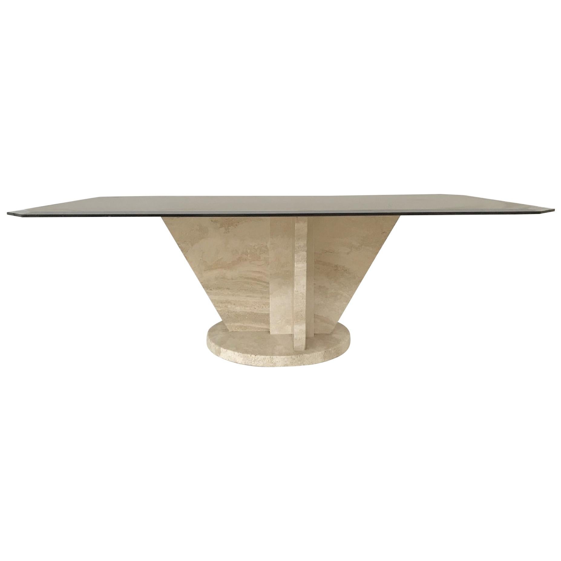 Travertine Coffee Table with Smoked Glass