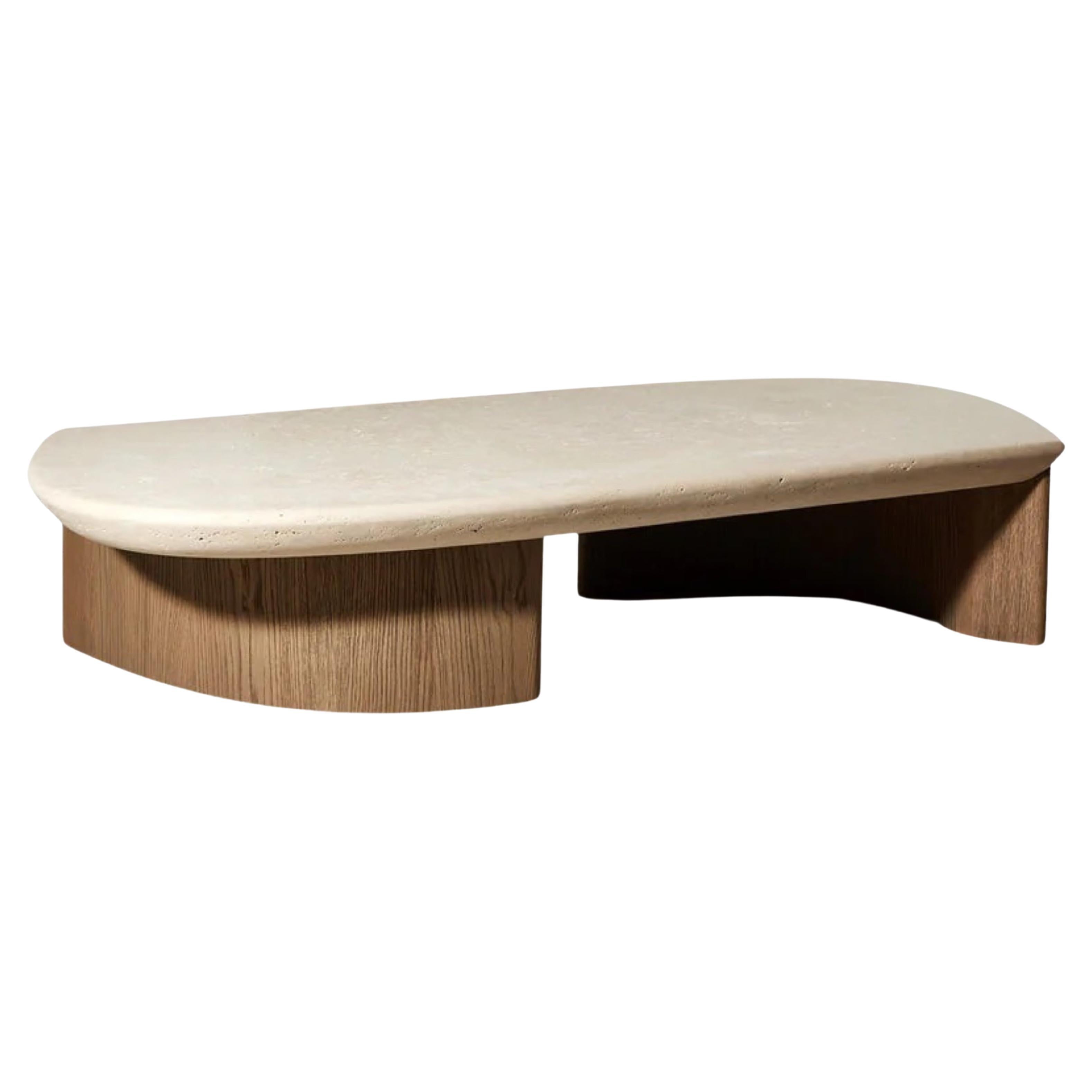 Travertine Coffee table with Wooden Legs For Sale
