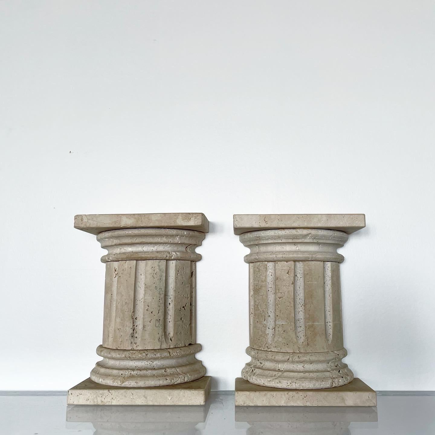 Solid travertine vintage column bookends, made in Italy 
