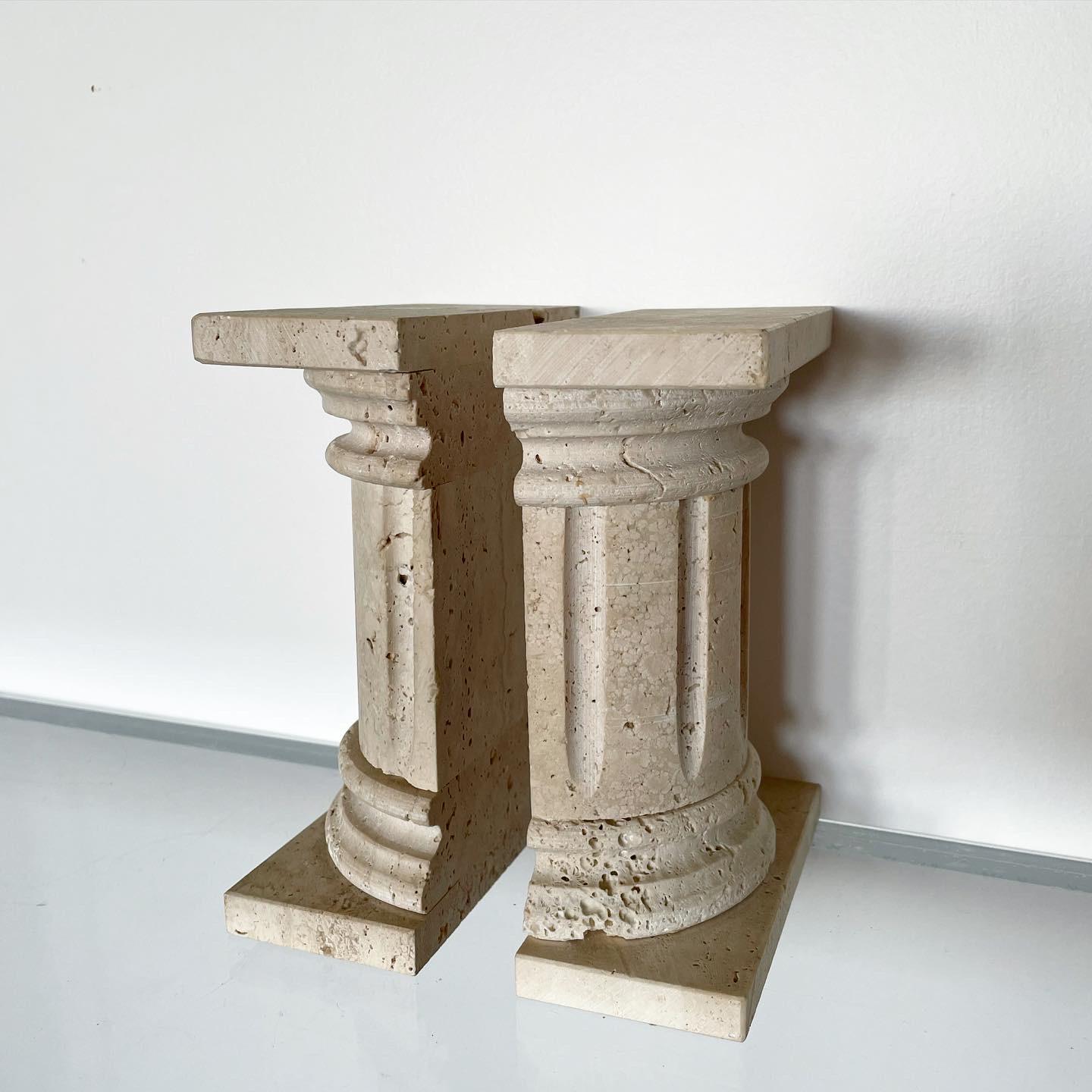 Italian Travertine Column Bookends Made in Italy For Sale