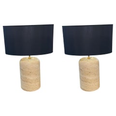 Travertine Column Shaped Pair of Lamps with Black Shades, Italy, 1970s