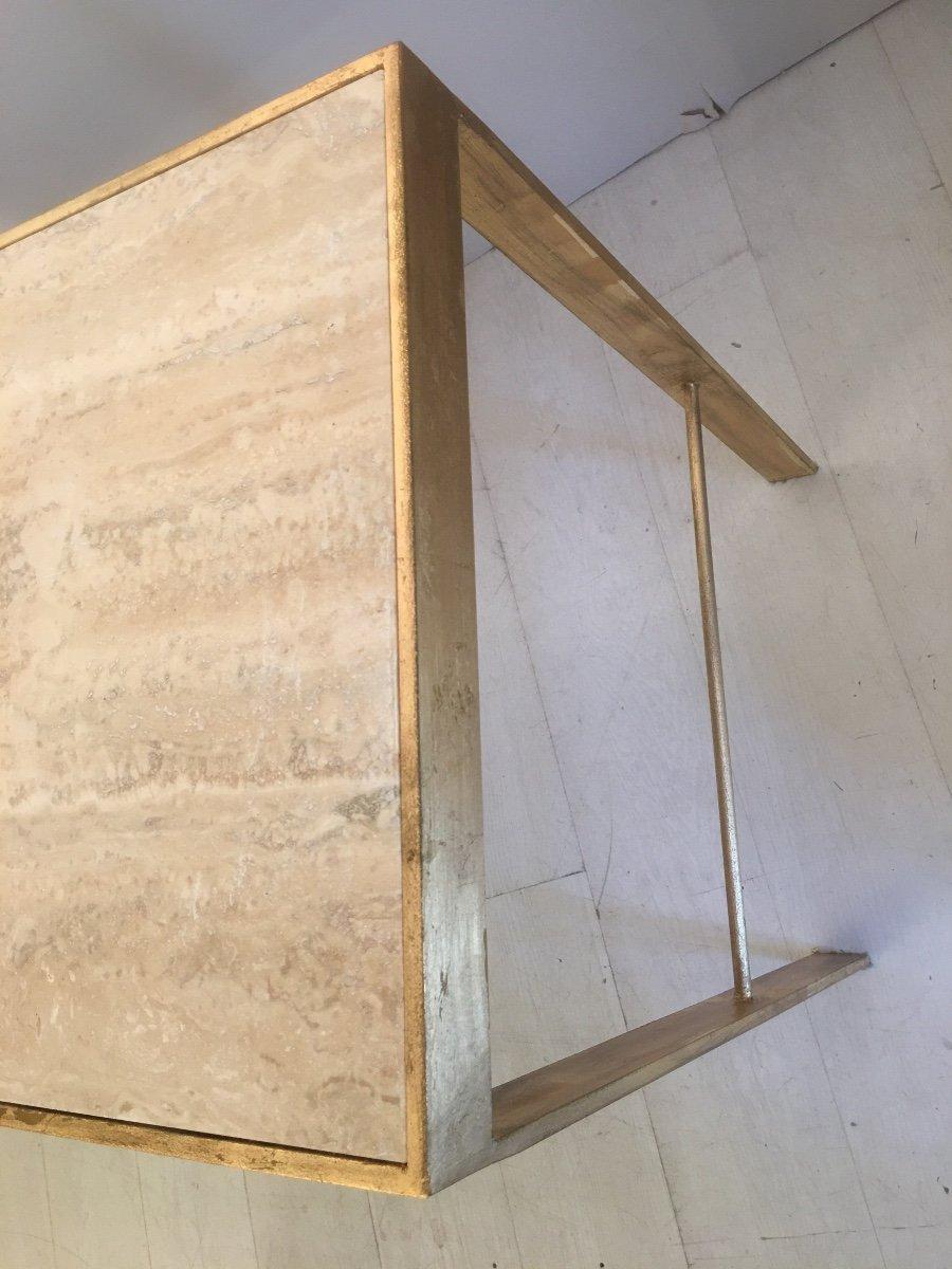 Travertine Console, Gold Leaf Metal, 20th Century Work In Fair Condition In Nice, FR