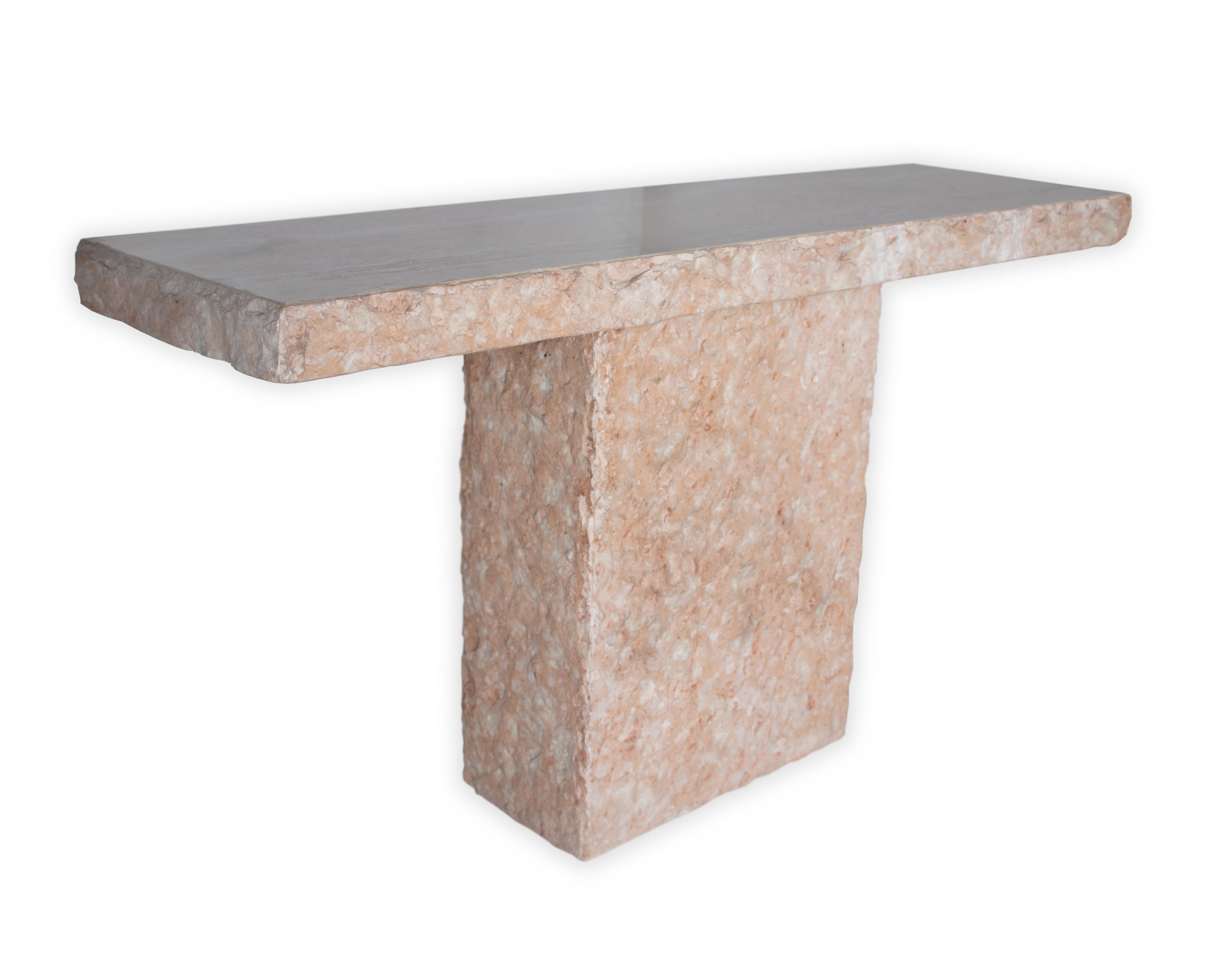 Travertine console table with chipped edge and base. In my organic, contemporary, vintage and mid-century modern style.

Part of our one of a kind Le Monde collection. Exclusive to Brendan Bass.