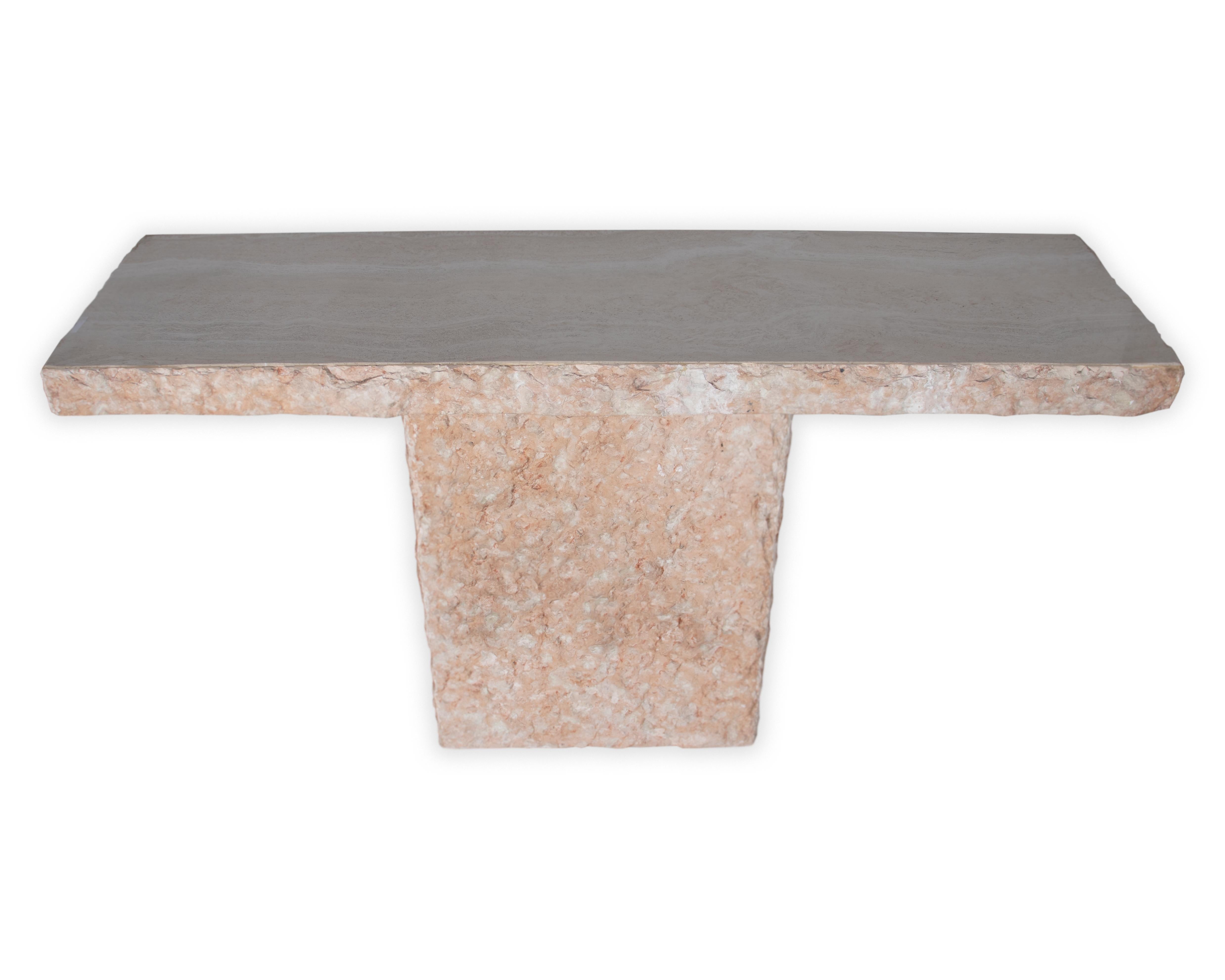 Organic Modern Travertine Console with Chipped Edge and Base