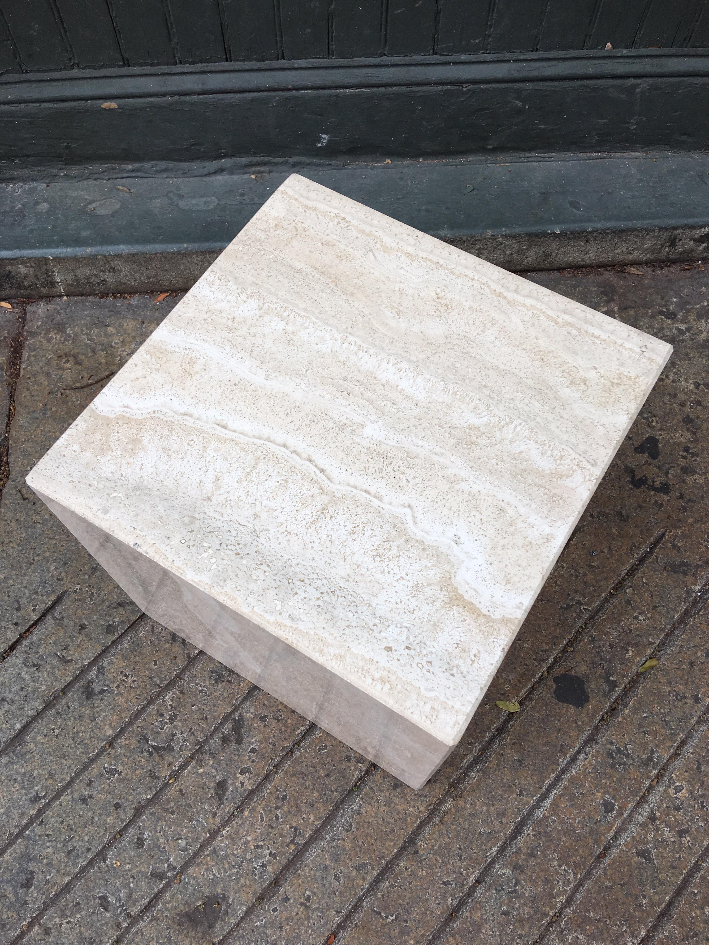 Nice square travertine cube, great to use as a side table or low stool.