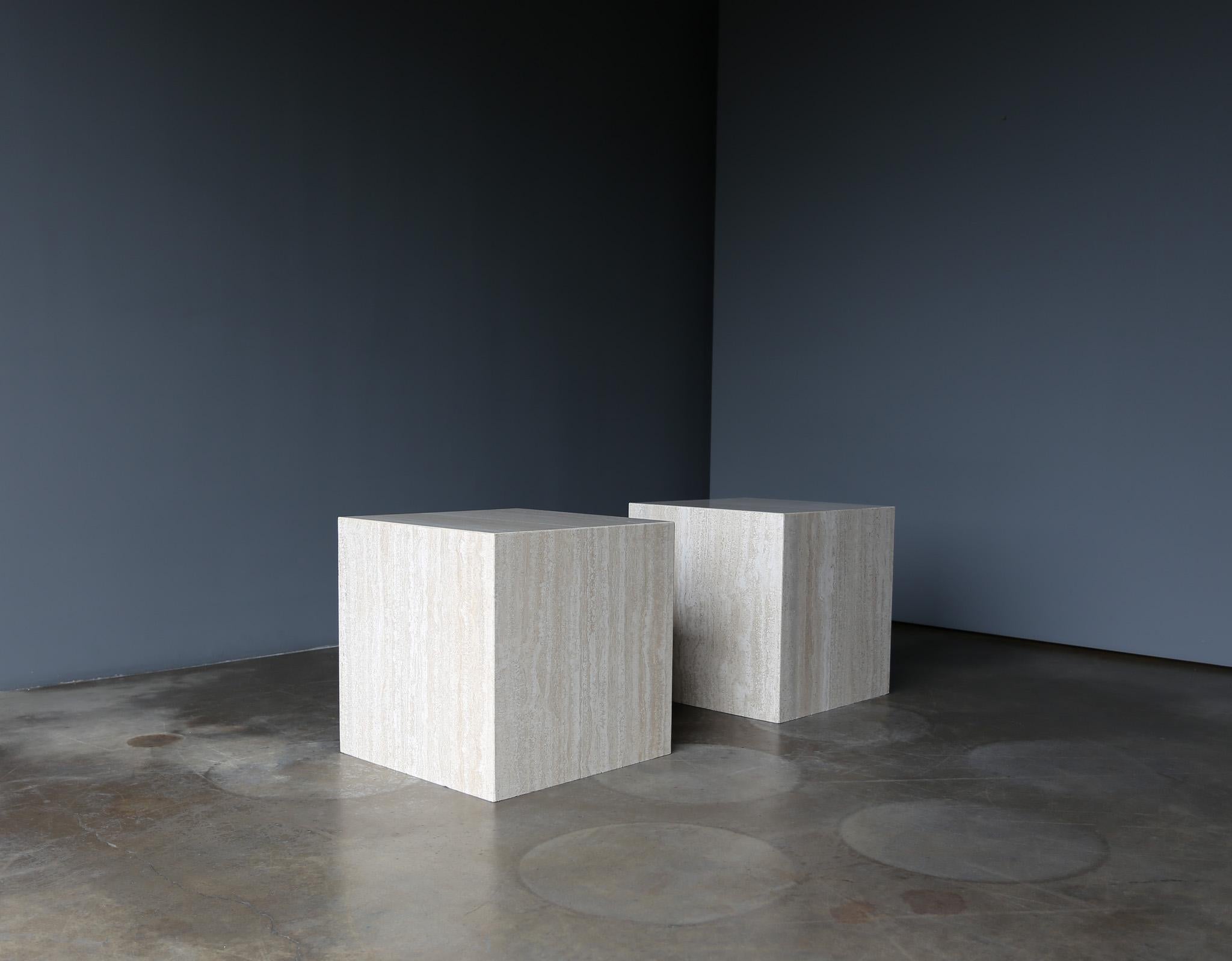 Post-Modern Travertine Cube Side Tables, c.1975