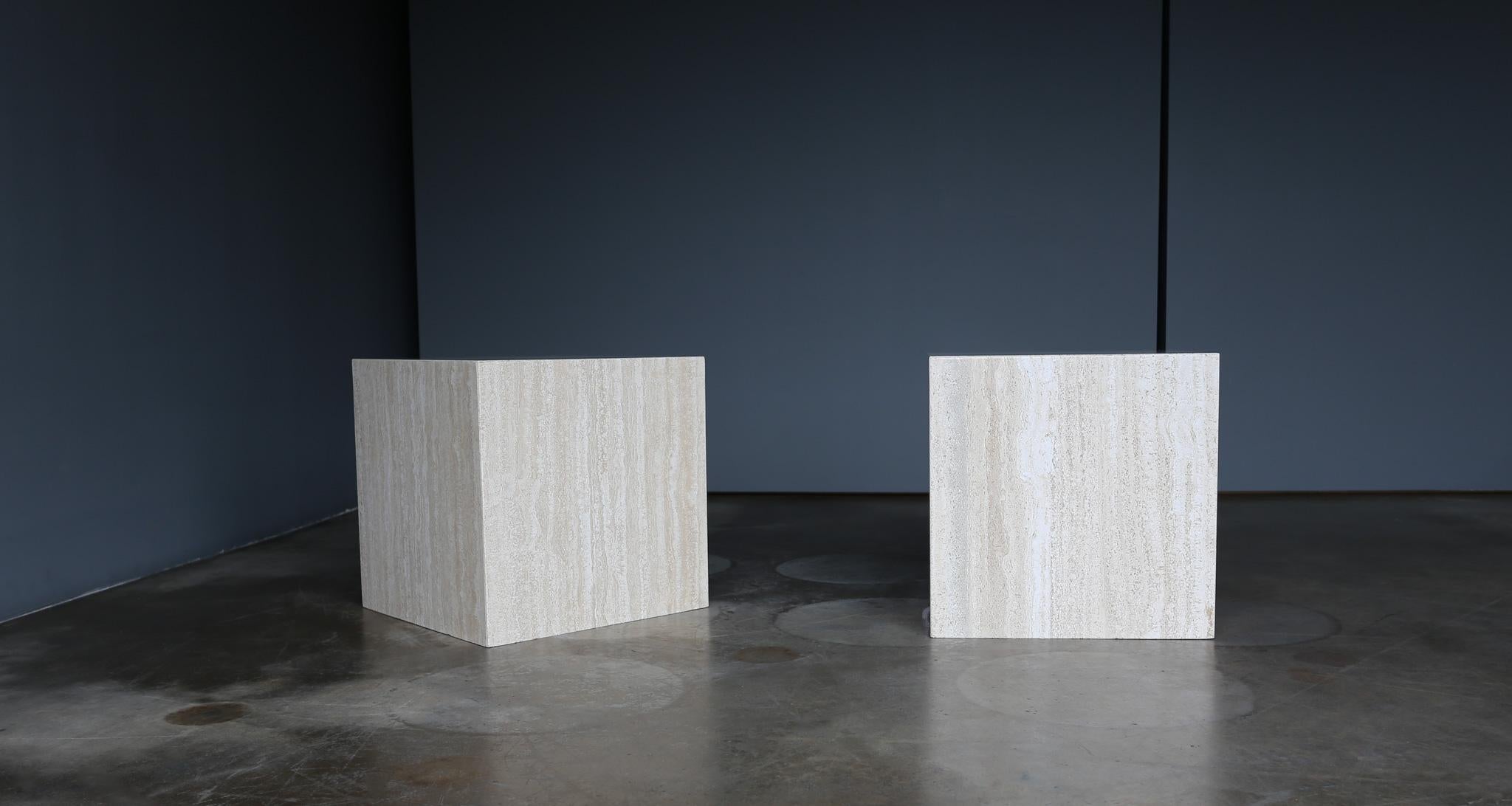 Travertine Cube Side Tables, c.1975 In Good Condition In Costa Mesa, CA