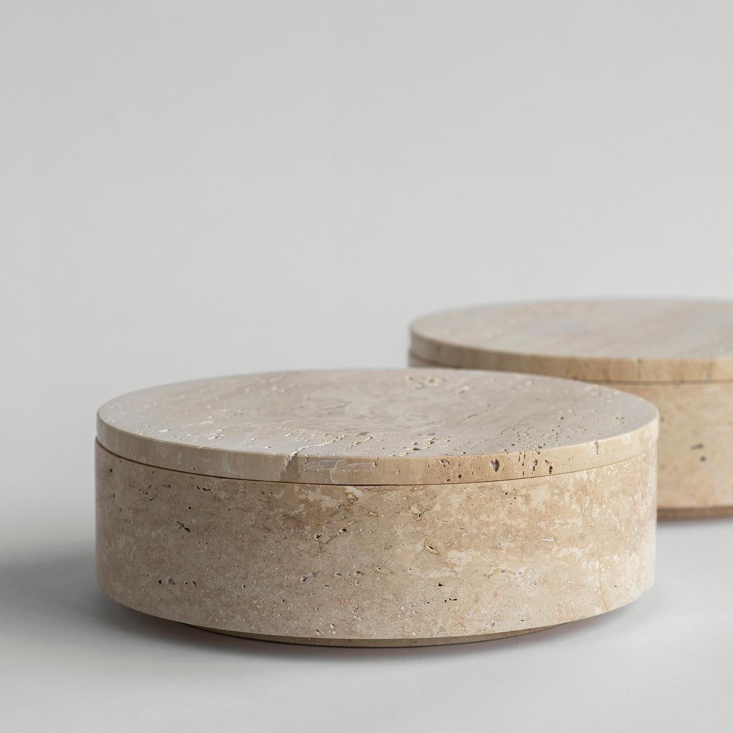 Modern Travertine Cylinder Bowl with Lid For Sale