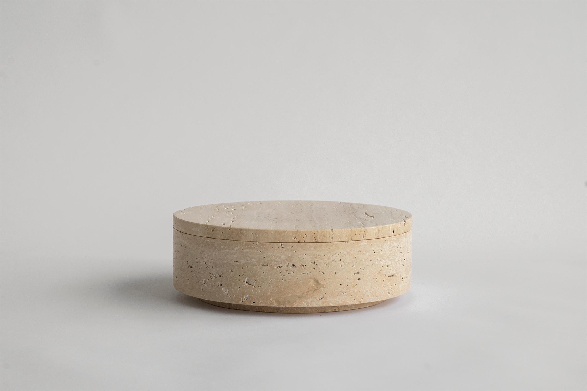 Hand-Crafted Travertine Cylinder Bowl with Lid For Sale