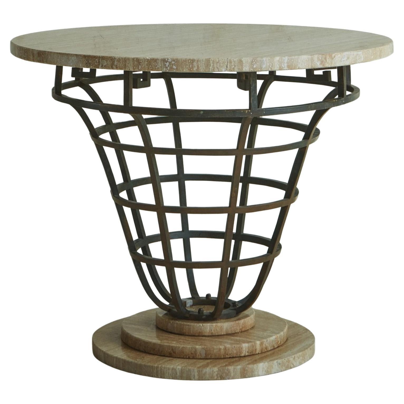 Travertine Dining or Entry Table with Iron Atrium Base, Germany 20th Century For Sale