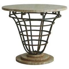 Vintage Travertine Dining or Entry Table with Iron Atrium Base, Germany 20th Century