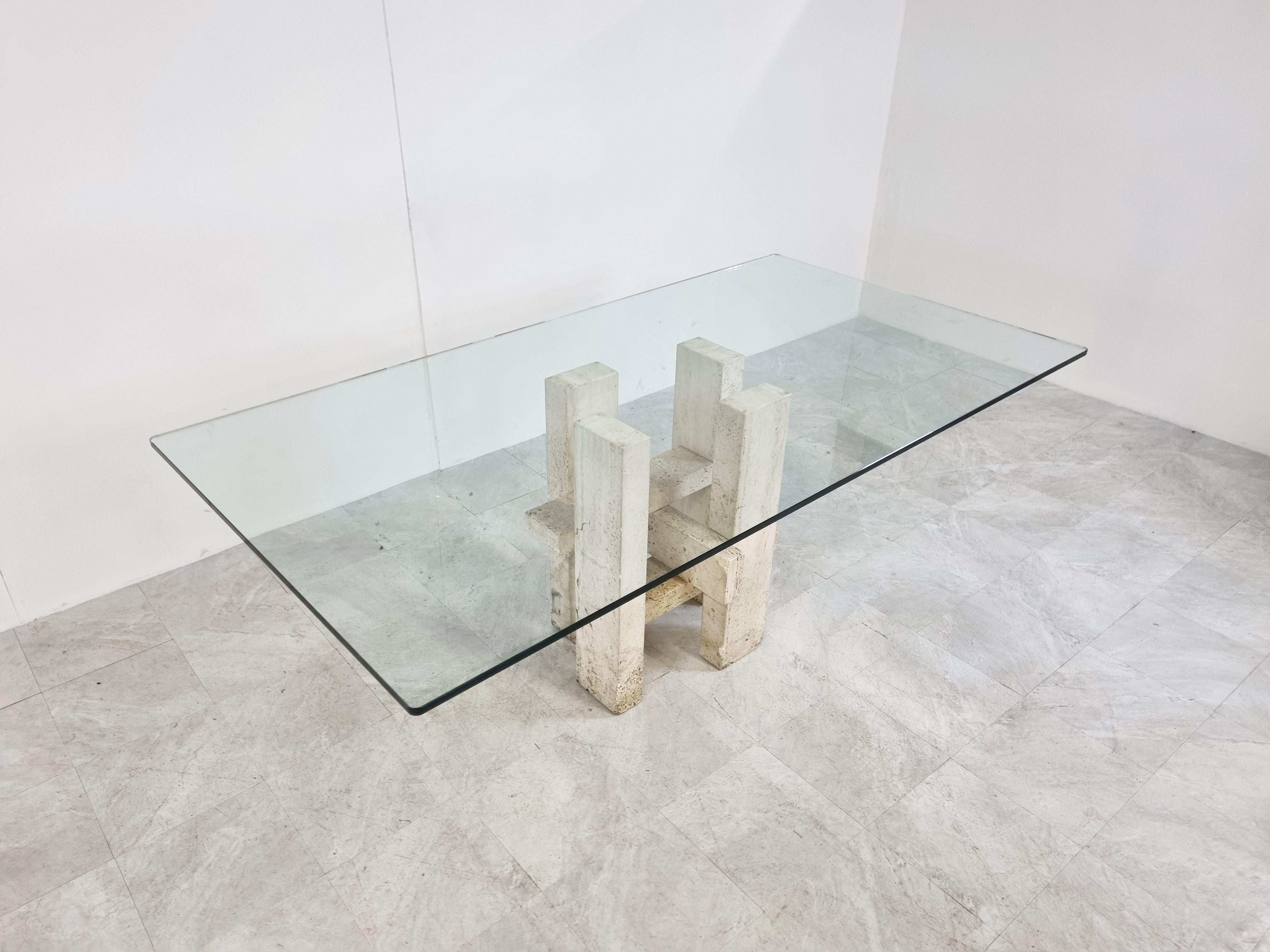 Glass Travertine Dining Table by Willy Ballez, 1970s