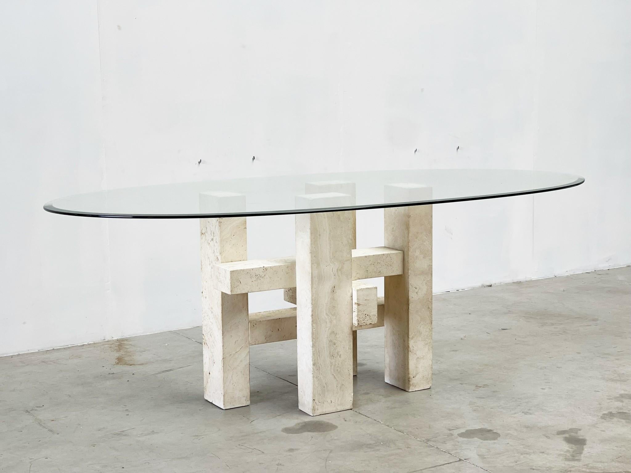 Glass Travertine Dining Table by Willy Ballez, 1970s For Sale