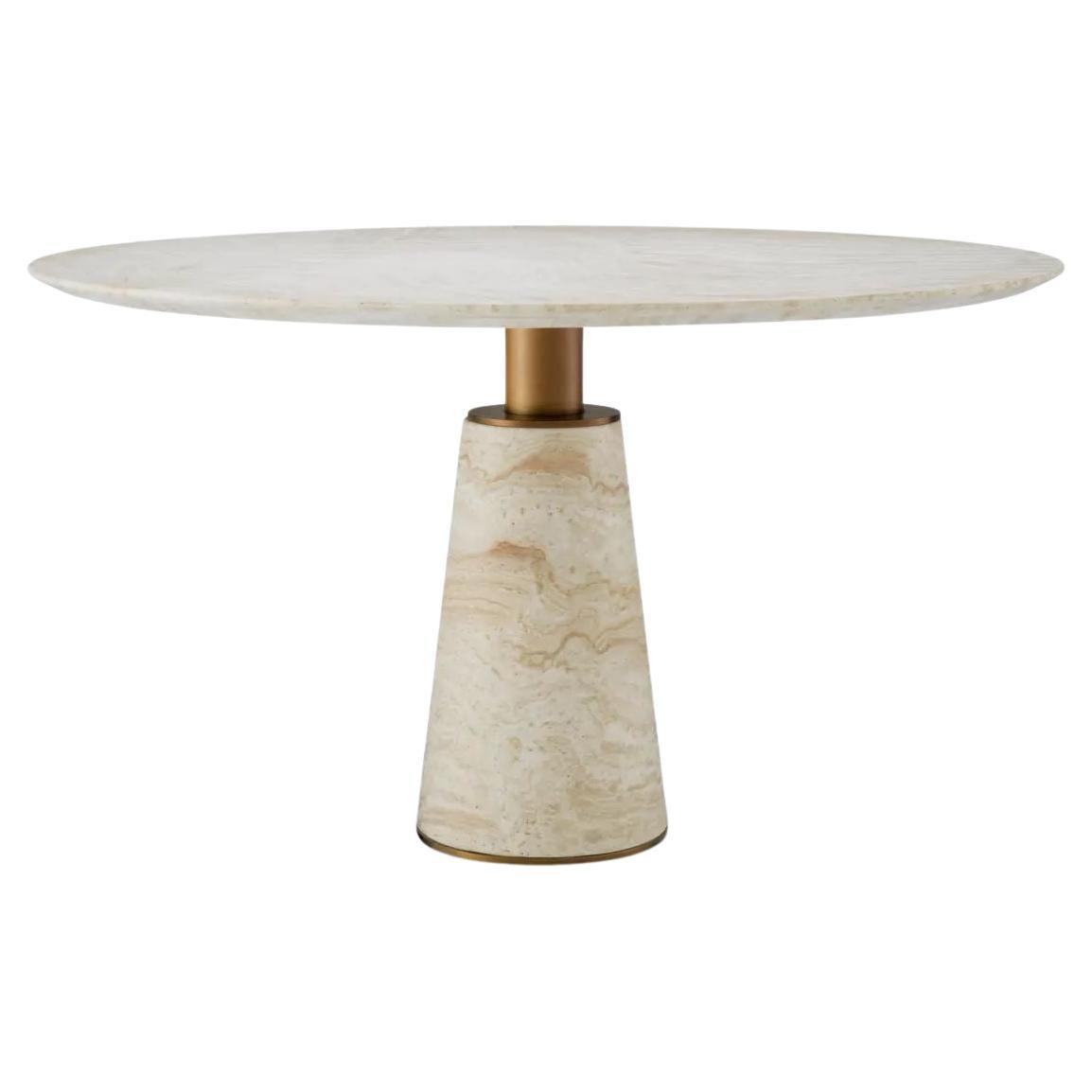 Table de salle à manger en travertin - Design rond avec finition en laiton brossé en vente