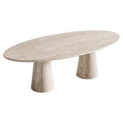 Table de salle à manger en travertin avec pieds coniques, table ellipses en pierre travertin massif