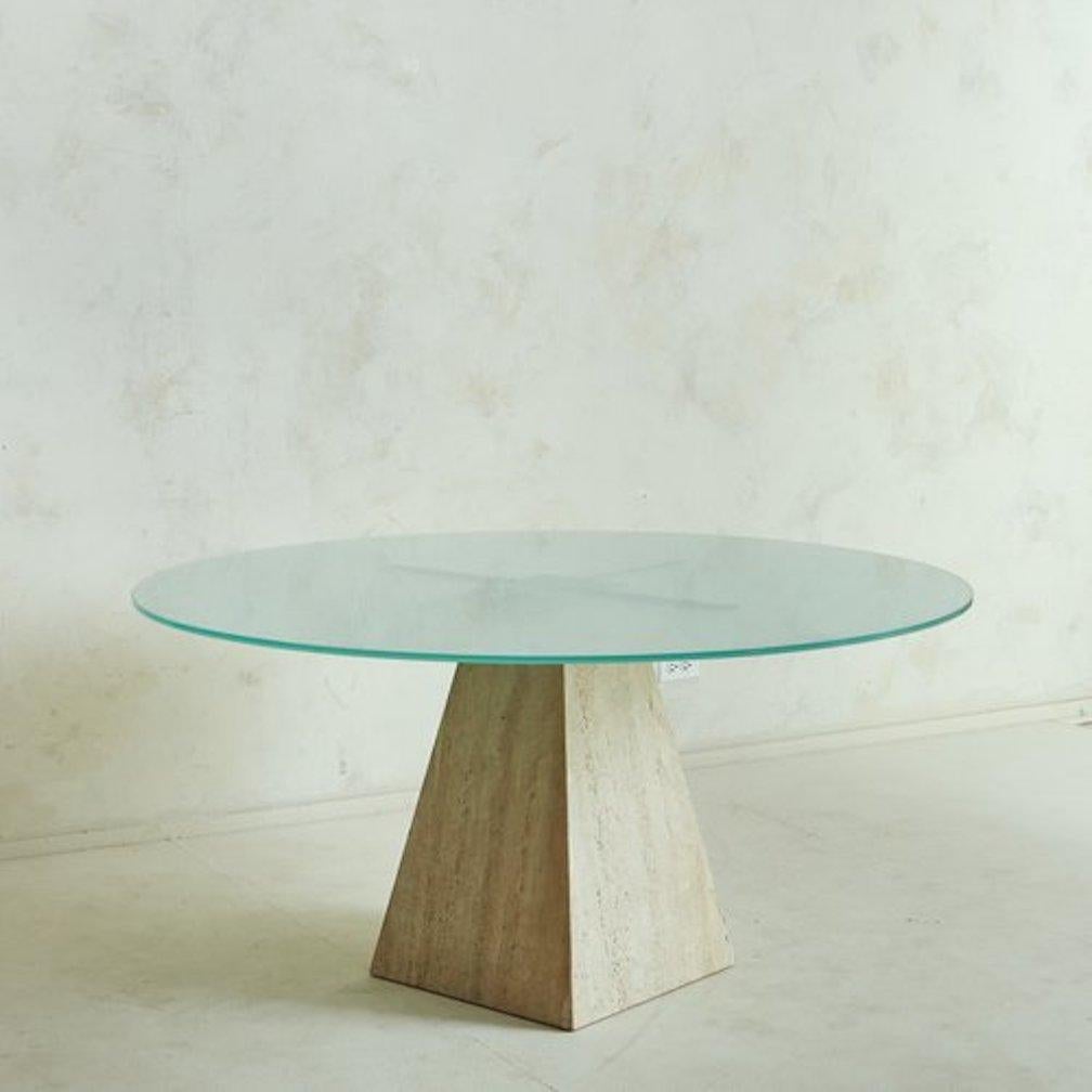 Mid-Century Modern Travertine Dining Table With Frosted Glass Top, Italy 1960s For Sale