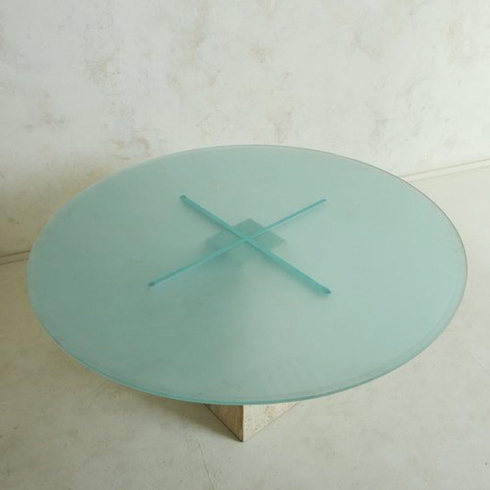 Italian Travertine Dining Table With Frosted Glass Top, Italy 1960s For Sale