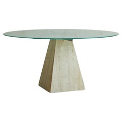 Vintage Travertine Dining Table With Frosted Glass Top, Italy 1960s