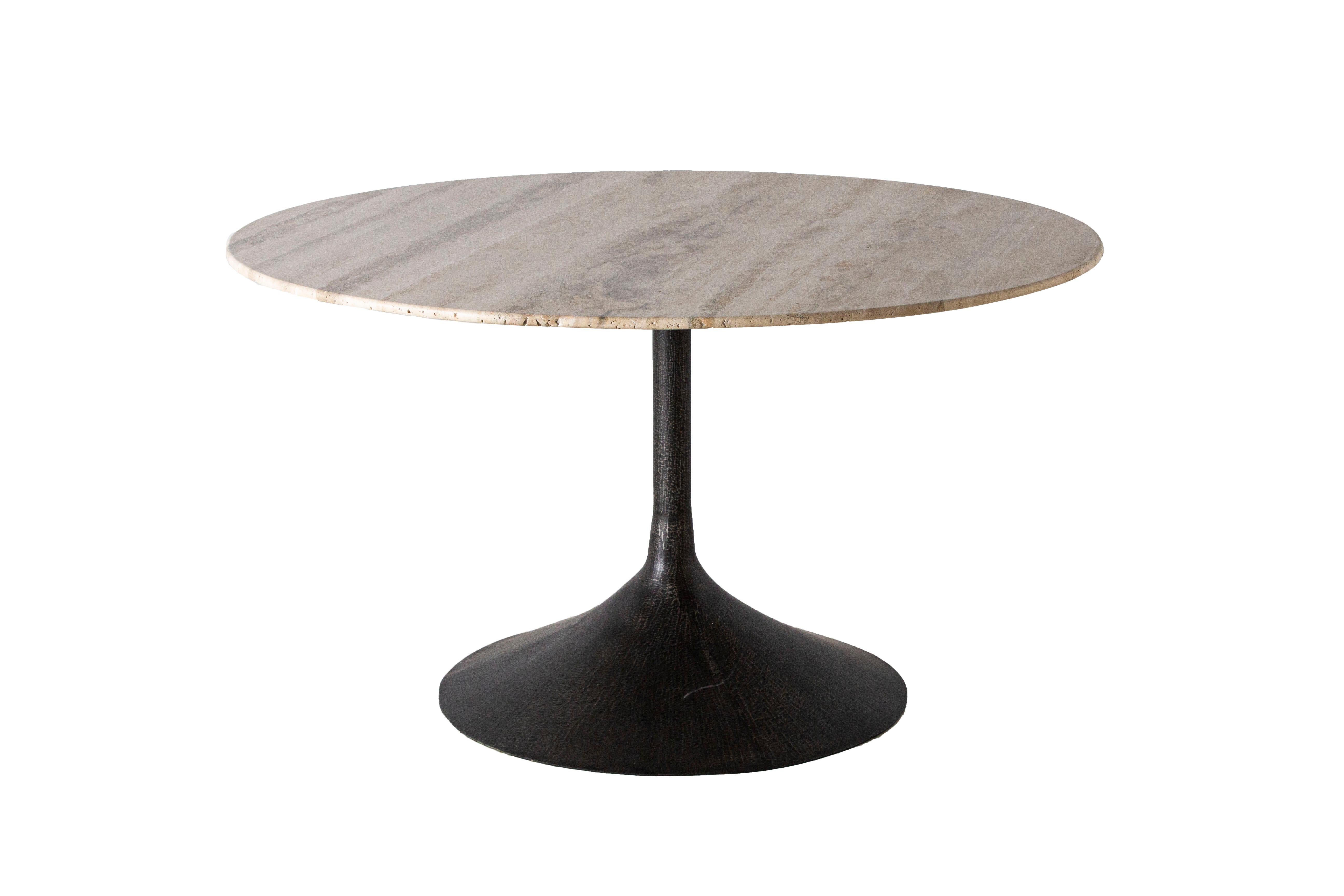 Top: Silver travertine honed with knoll edge
Base: Tulip base in Patina steel

Top and base can be sold separately.

   
