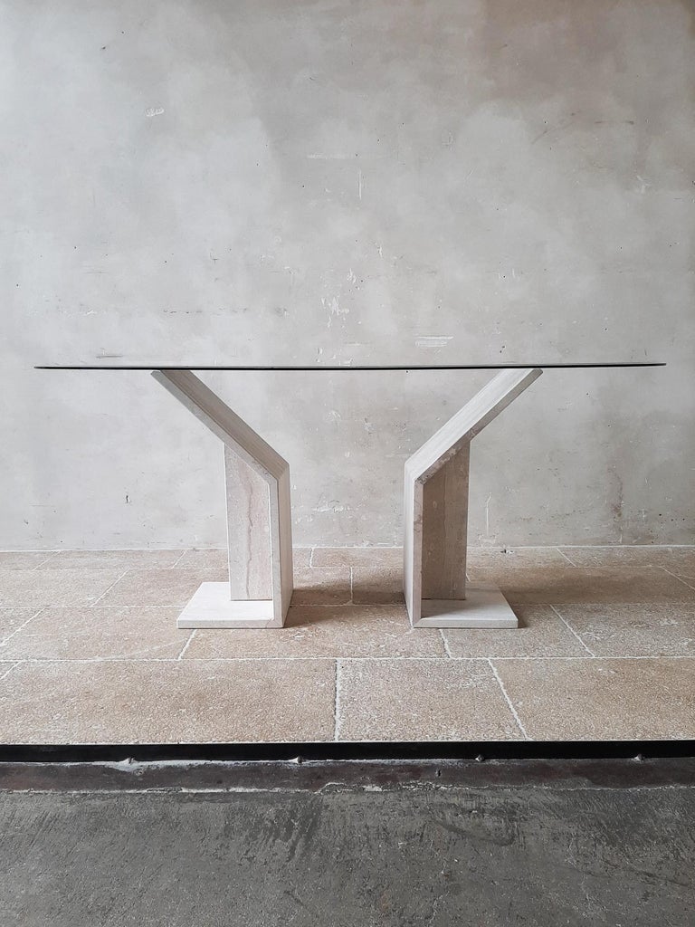Mid-Century Modern Travertine Dining Table with Oval Glass Top, 1970s For Sale