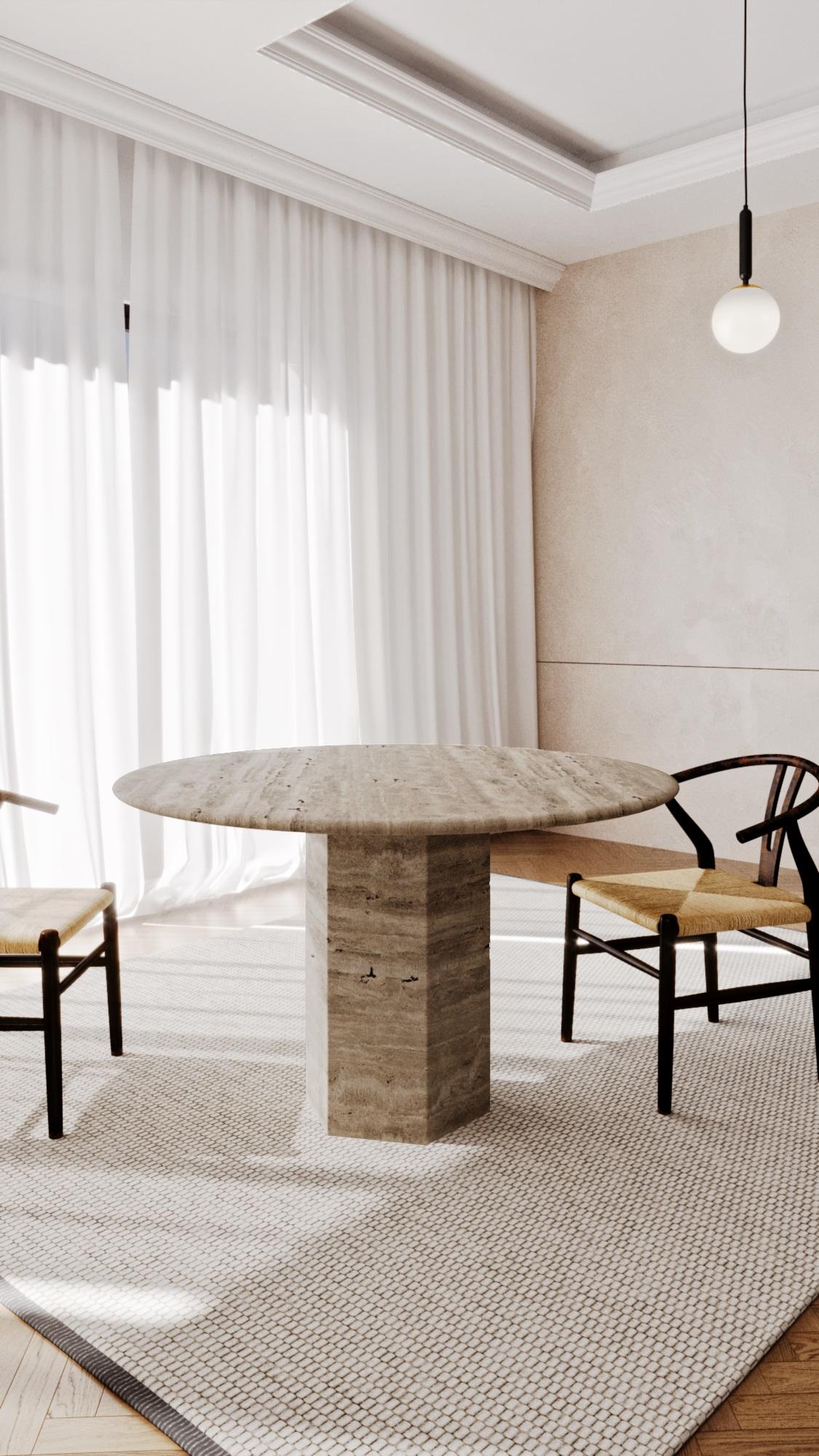 Hand-Carved Travertine Dining Table With Solid Base For Sale