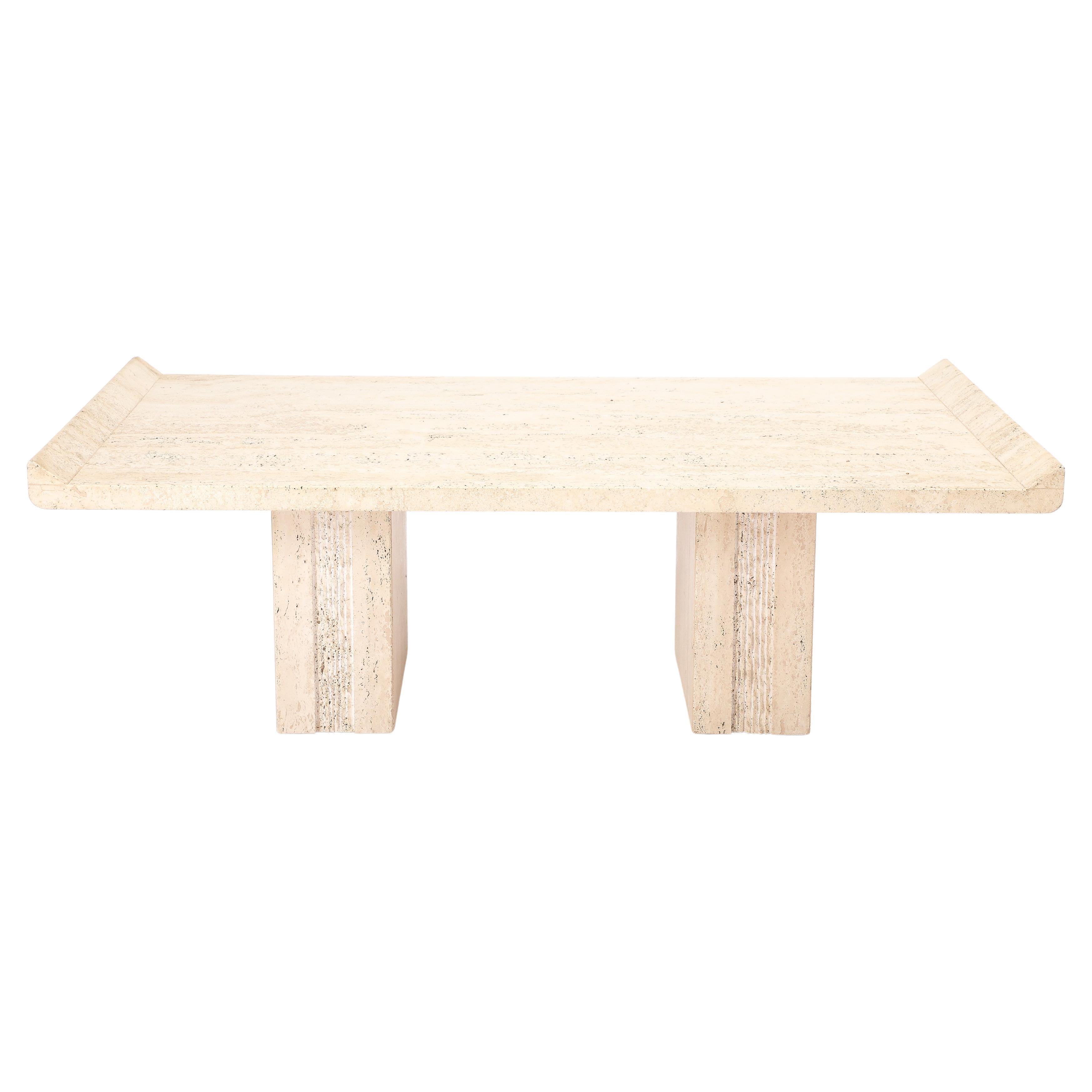 Table basse à double piédestal en travertin, France, années 1980 en vente