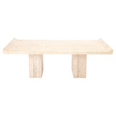 Table basse à double piédestal en travertin, France, années 1980