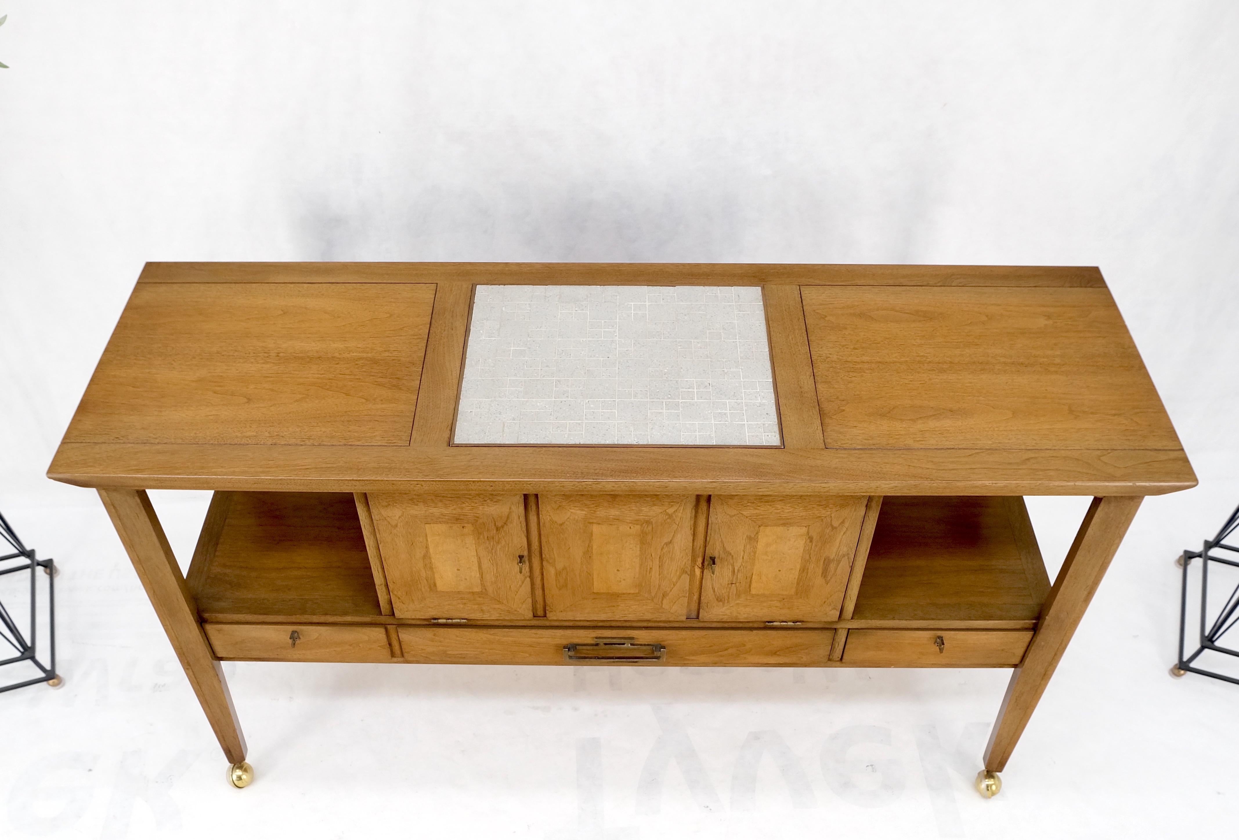 Travertine Flip Top Insert Drop Front Door 3 Drawers Server Credenza Console Table on Wheels MINT!