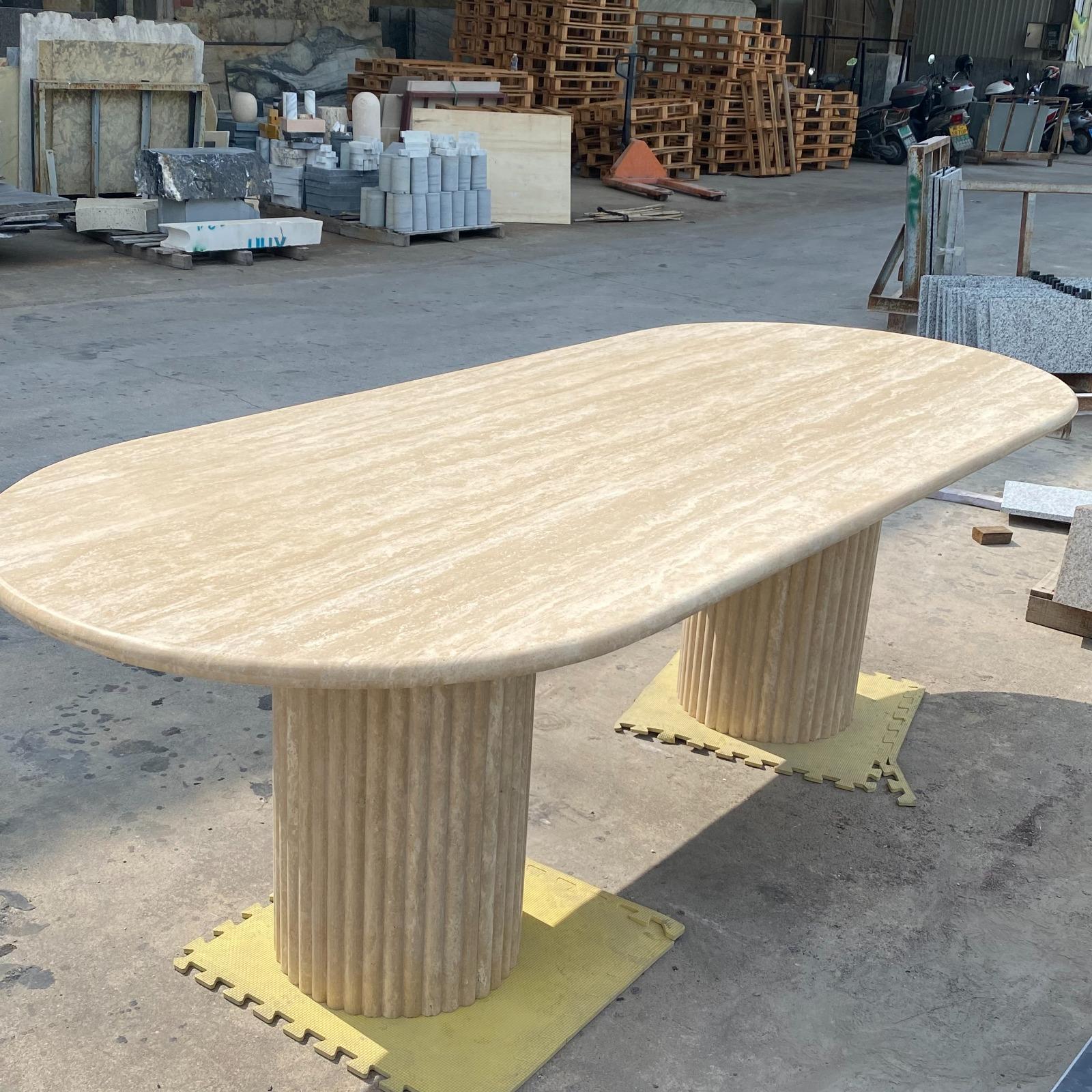 Mid-Century Modern Travertine Fluted Dining Table  For Sale