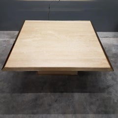 Travertine Gilt Brass Square Coffee Table, 1970s