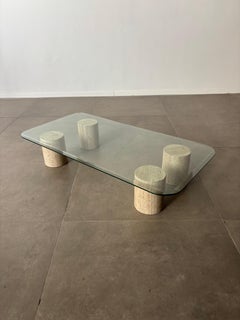 Travertine & glass coffee table, 1970s Italy