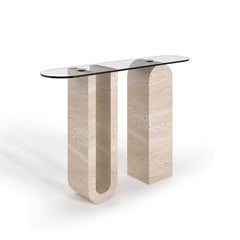 Table console en verre travertin - Table console en verre avec pieds en travertin