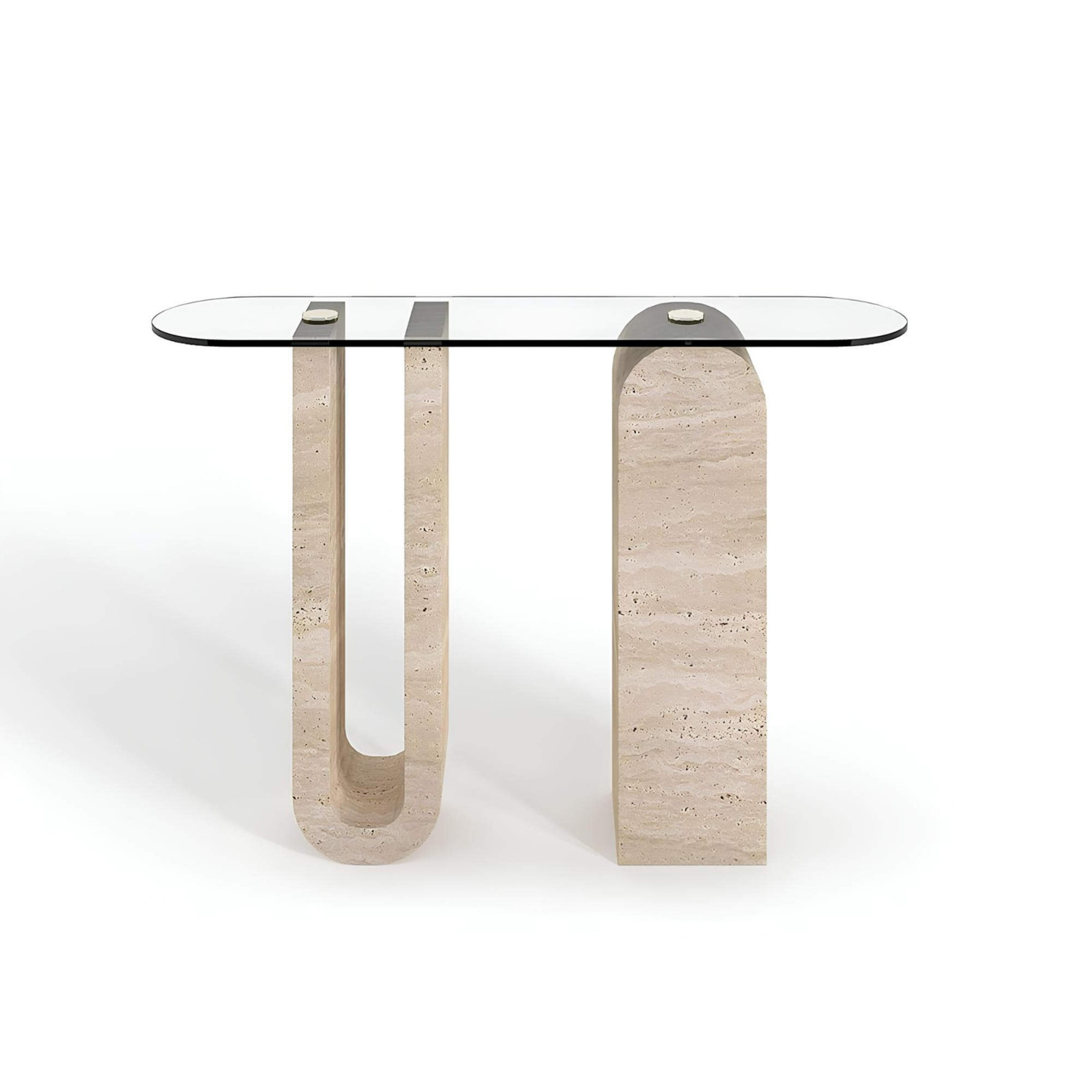 Mesa consola de cristal travertino - Mesa consola de cristal con patas de travertino Turco en venta