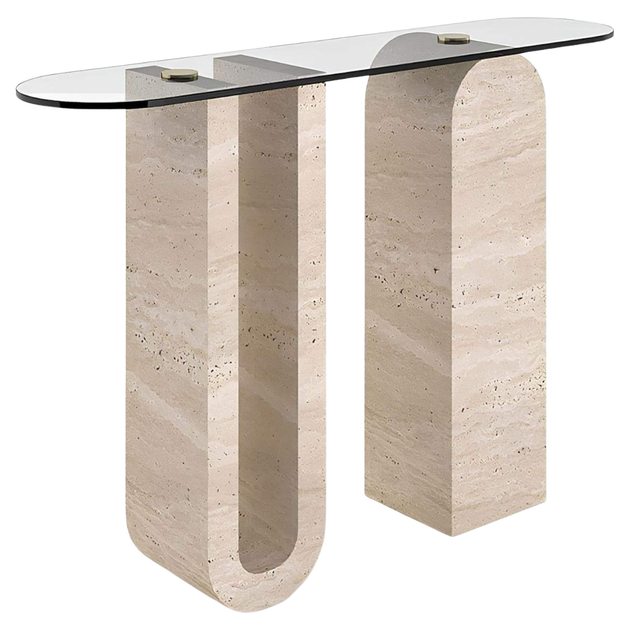 Mesa consola de cristal travertino - Mesa consola de cristal con patas de travertino