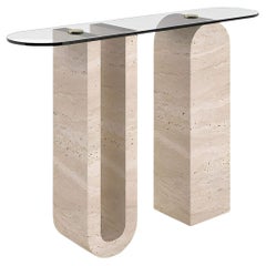 Travertine Glass Console Table - Glass Console Table With Travertine Legs