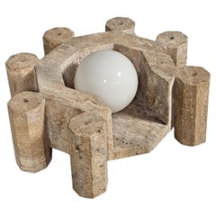 Travertine handmate sculptural large table lamp wiht a glass globe, italy, 1970s