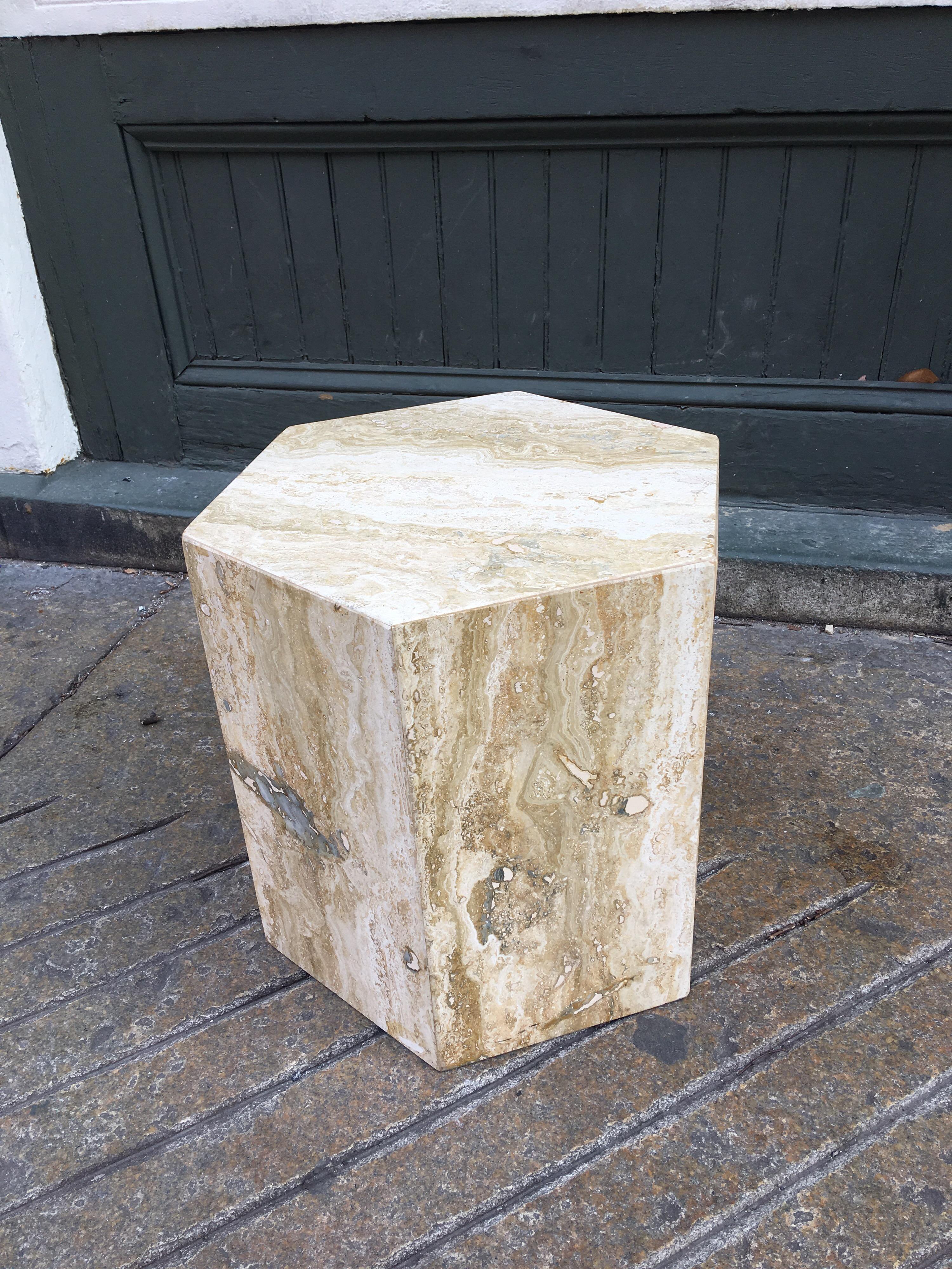 Travertine marble hexagon side table in shades of cream, browns, tans and little dark gray. Very useful, great for drink table, plant stand or end table.