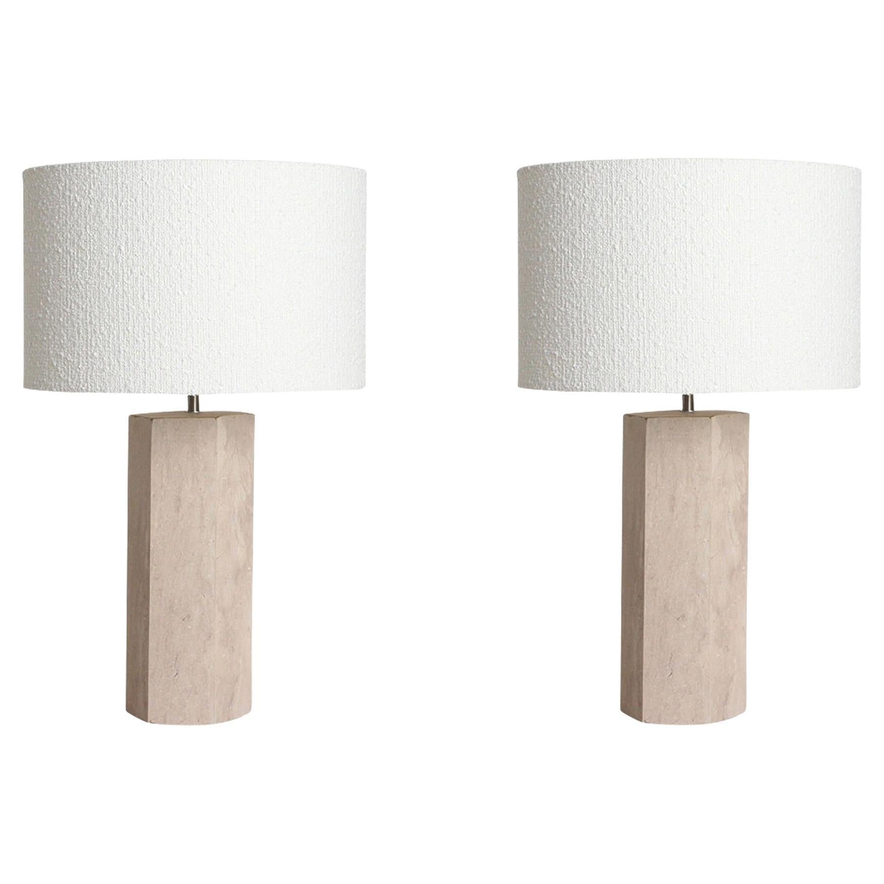 Travertine Hexagonal Shape Base Pair Lamps, Netherlands, Contemporary
