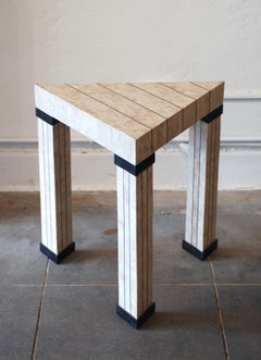 Travertine Inlaid Brass and Marble Triangular Postmodern Side Table
